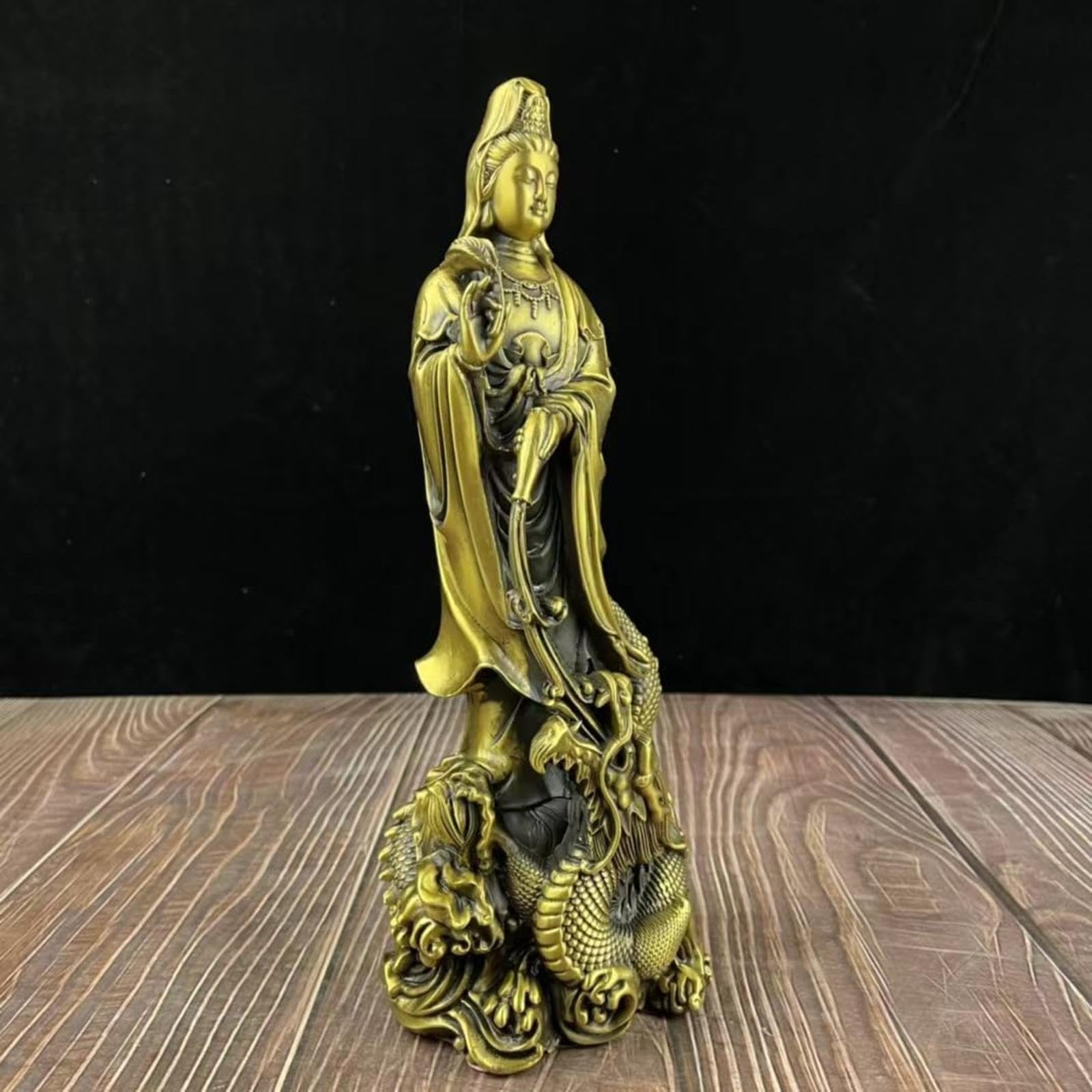 Statue de Kuan Yin Statue de Guan Yin chevauchant Un Dragon Chinois - Figurines de Collection en Laiton - Sculpture de la déesse de la miséricorde et du Dragon Chinois Feng Shui, Petite