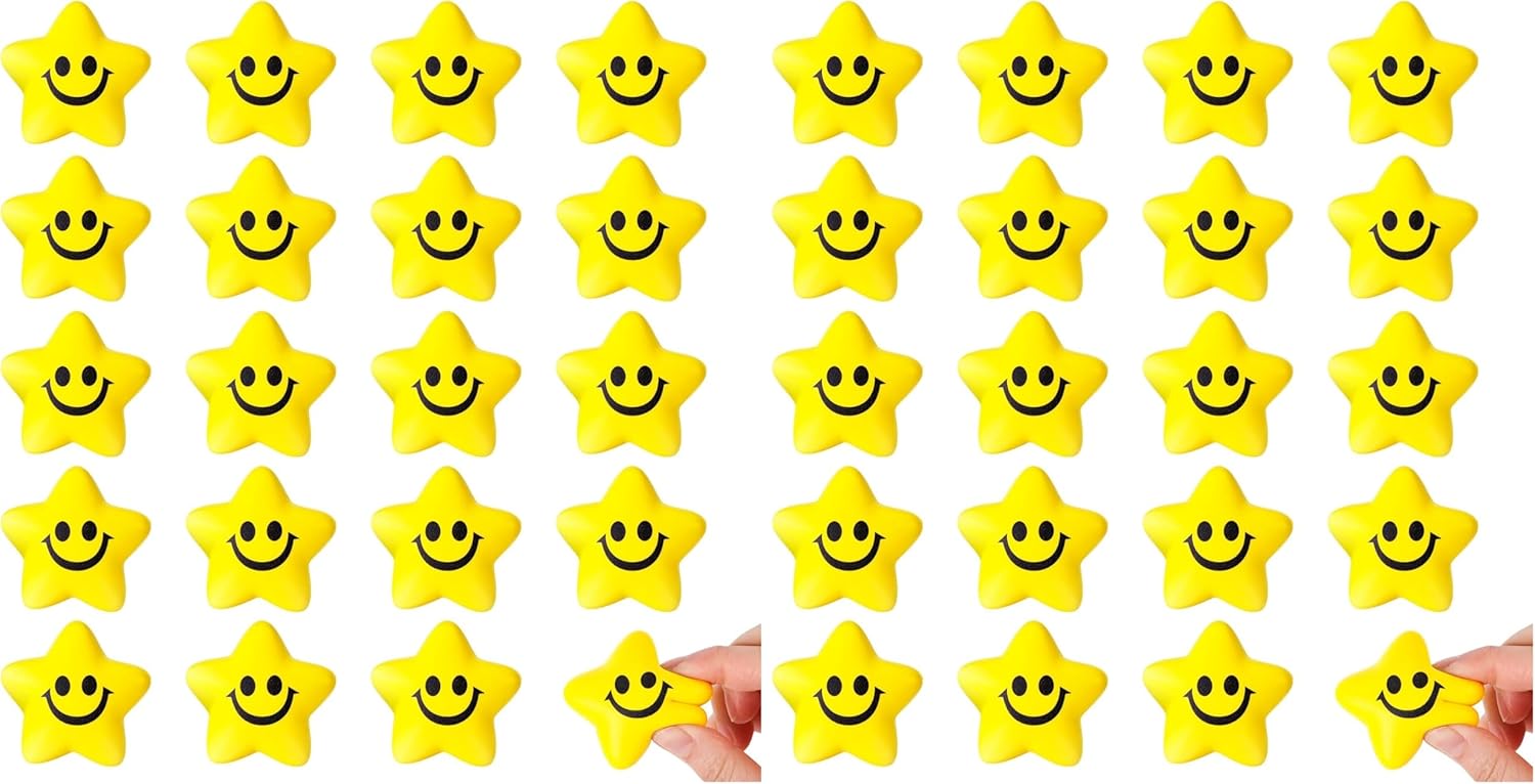 LovesTown 20PCS Star Stress Balls for Adults, 2 Inch Squeeze Toys Smile Face for Kids Adults Classroom Party Prizes Anxiety Fidget Sensory (Pack of 2)