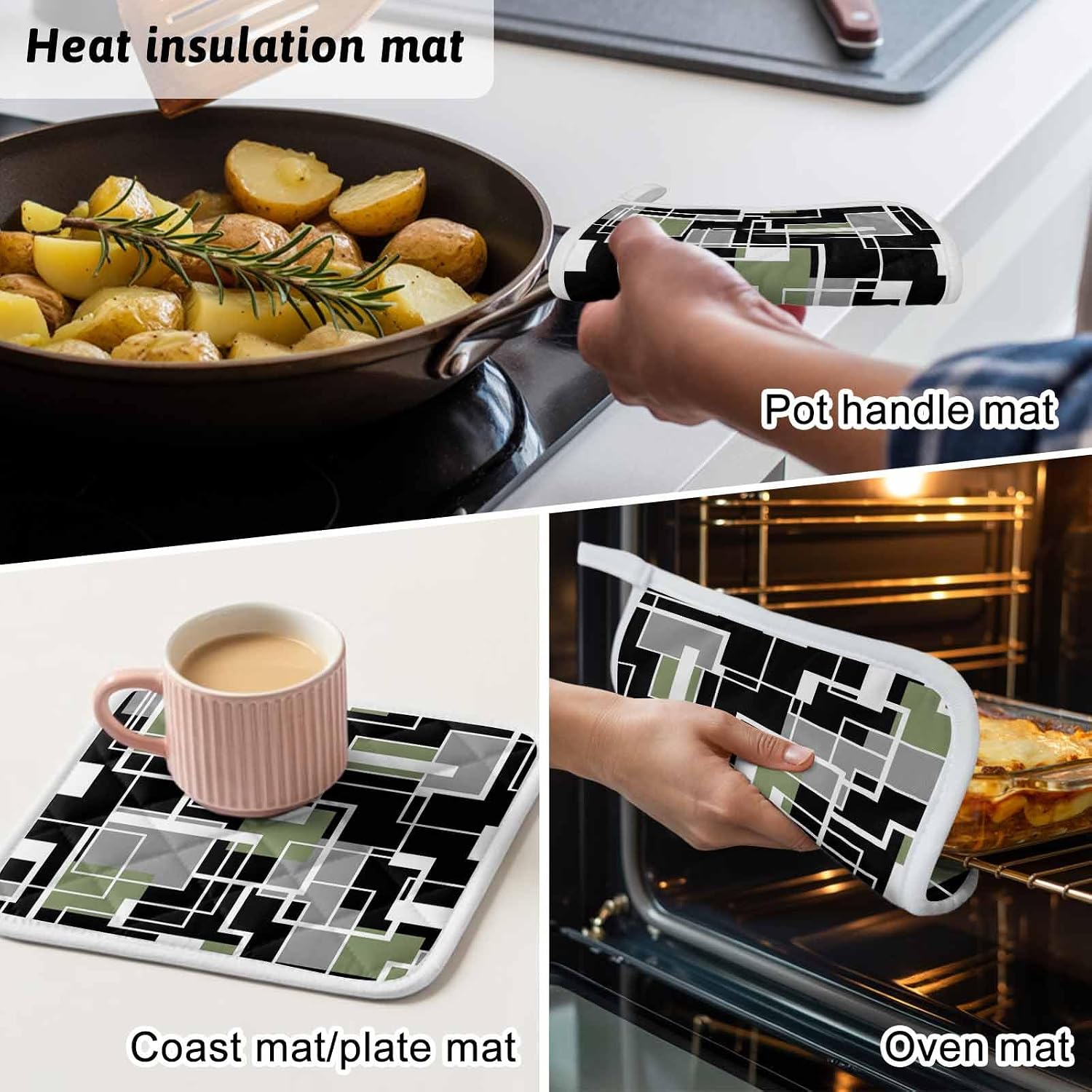Sage Green Black Geometric Pot Holders for Kitchen Heatproof Potholder, 5 Pack Modern Abstract Art Block Hot Pads Multipurpose Oven Pads Cloth Potholders Trivet for Cooking Baking