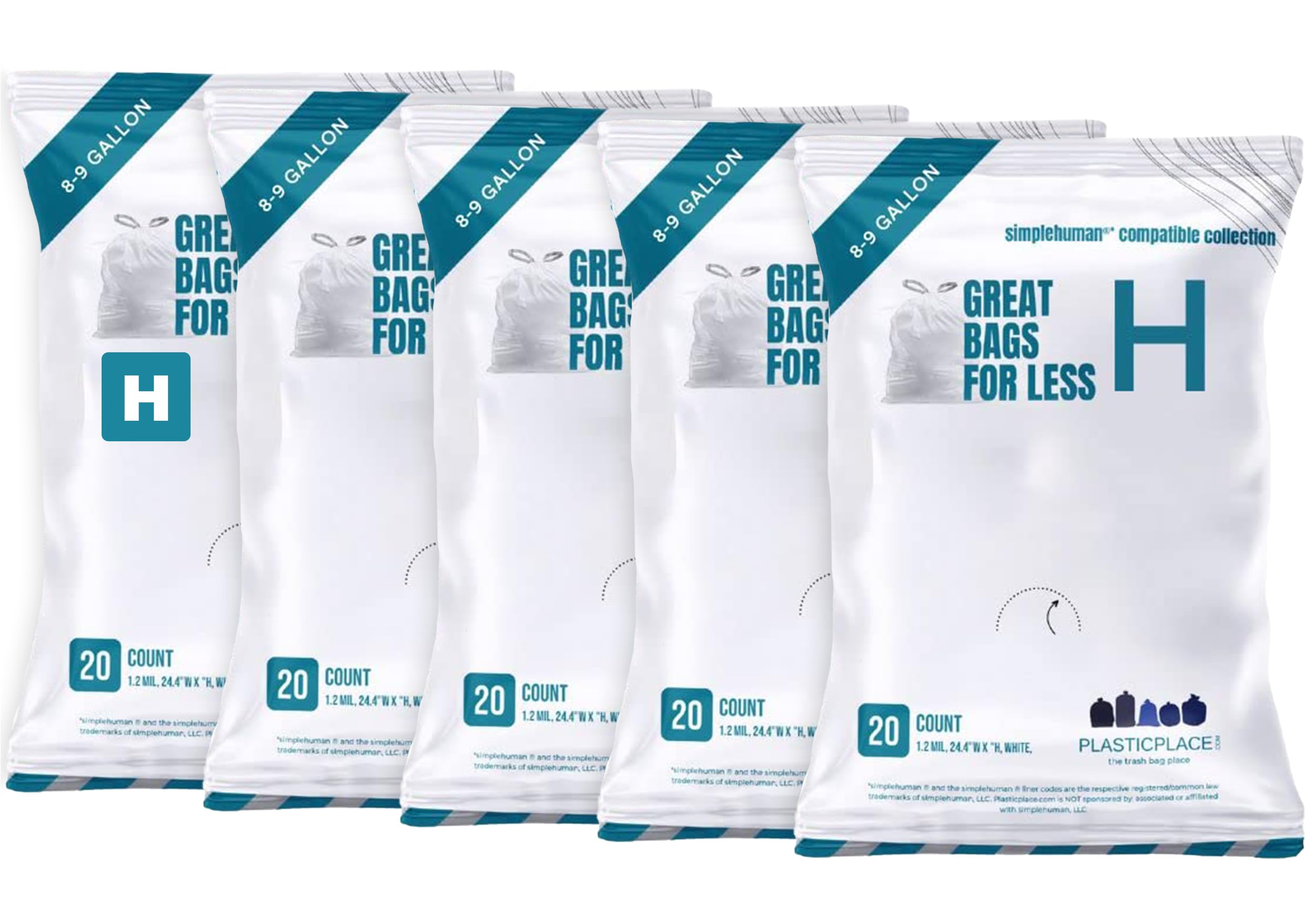 Plasticplace simplehuman Rubbish Bags H-Code Compatible Pack - 20 to 9 Gallon White Drawstring Rubbish Liners - 40 x 28'' (20 Counts/5 Pack) (TRA172WH)