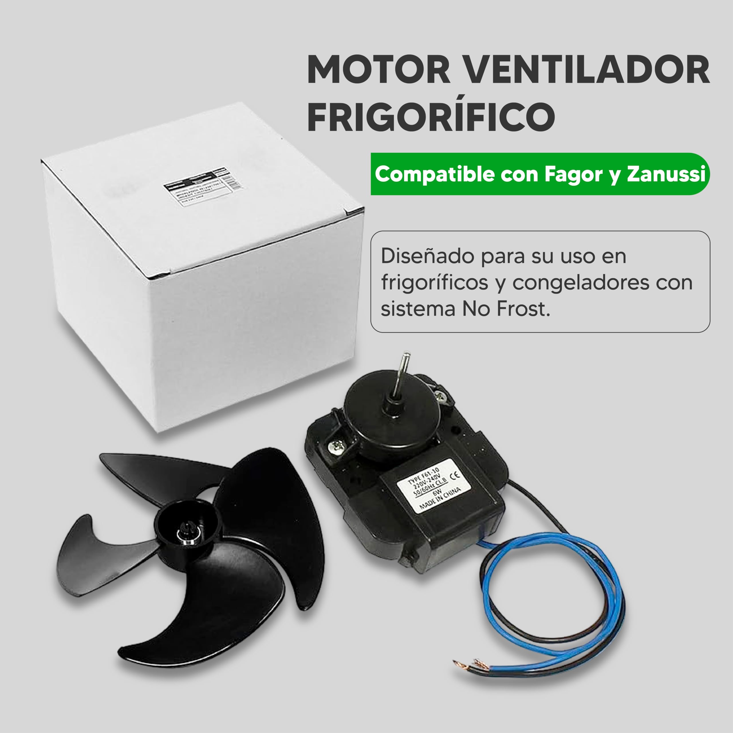 REPORSHOP - Motor Ventilador Frigorífico No Frost Compatible con Fagor y Zanussi - Códigos 481936170011, 512023200, 651015834, 92129063, M57512023200-220-240V - 6W - 30/60Hz - Diámetro Ø3x28mm