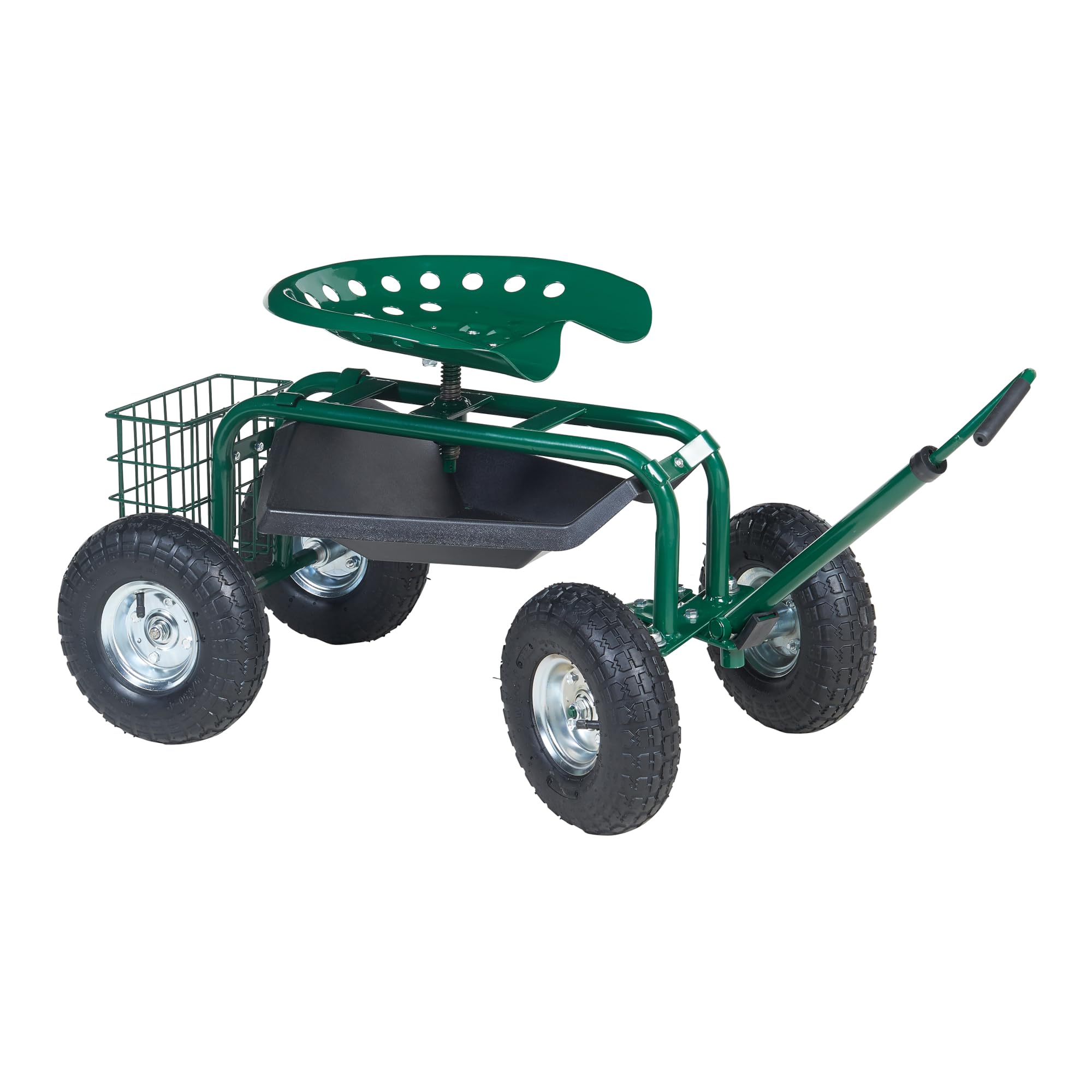pro.tec Asiento de Jardinería Casarano con Ruedas Taburete Móvil Carrito para Trabajo en Jardín Taller con Bandeja y Cesta de Malla Altura del Asiento y Asa Ajustable Acero 81 x 45 cm - Verde Negro