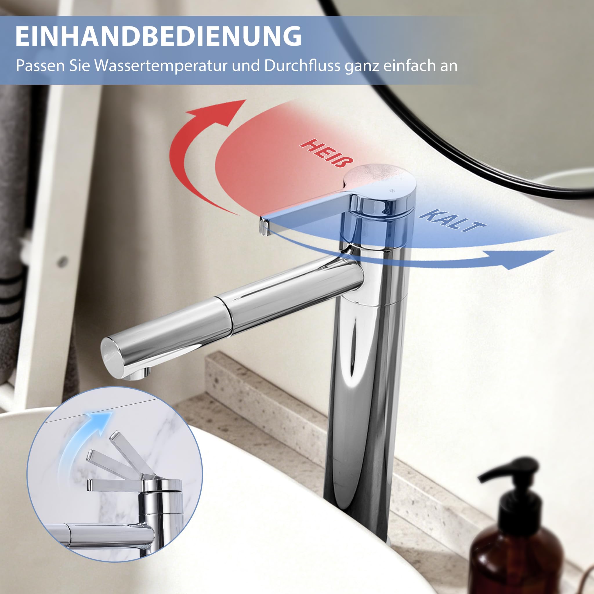 HOMELODY Grifo de lavabo alto cromado, doble caño y cuerpo giratorios 360°, 215 mm de altura de caño de acero inoxidable, grifo monomando para baño, ahorro de agua