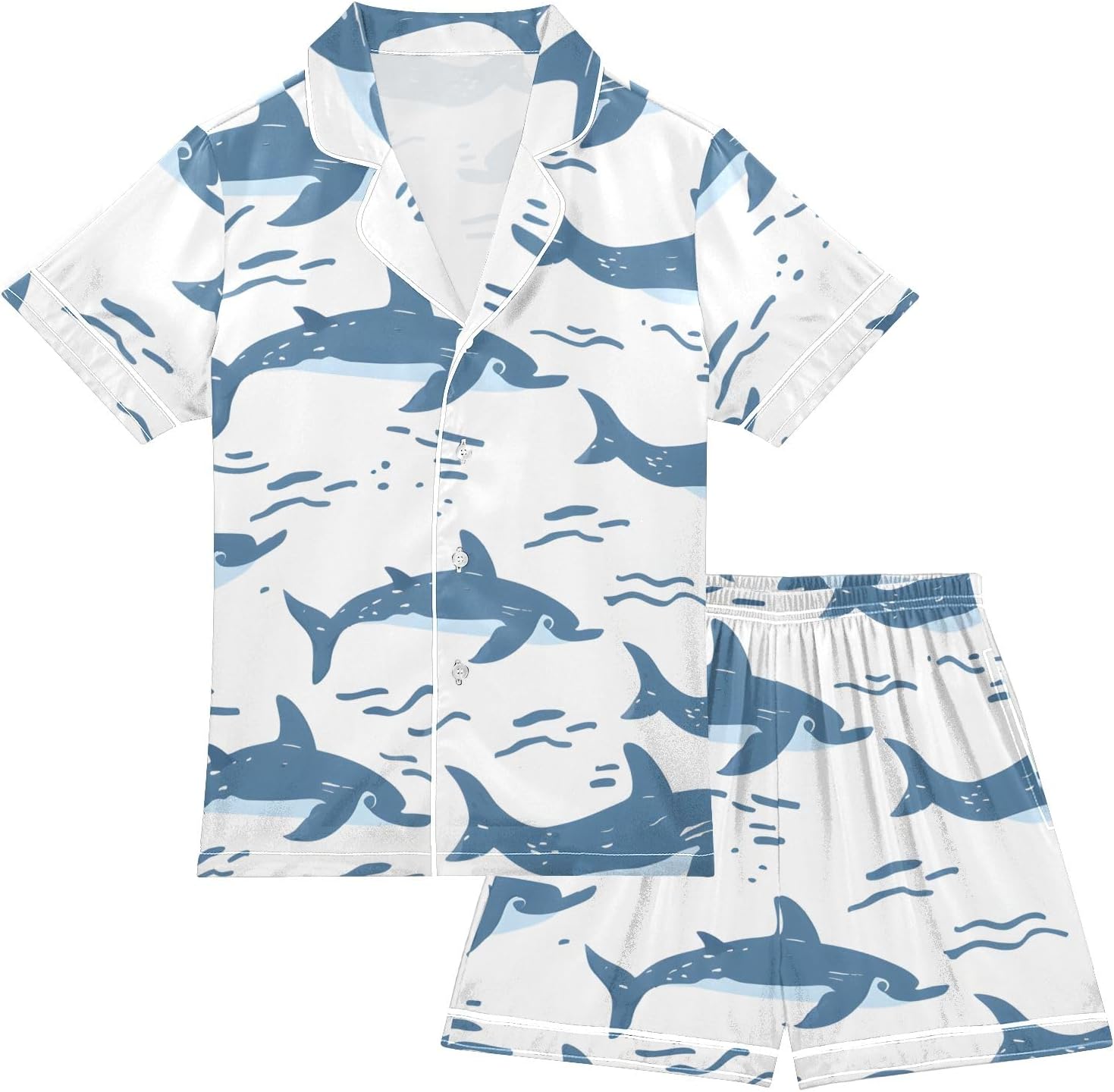 Kids Casual Satin Wear Set Summer Print Animals Dolphin Shark Unisex Short Sleeve Clothing for Relaxing