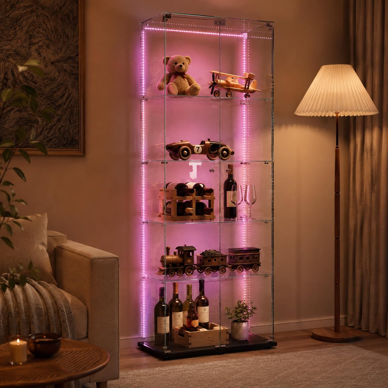 Vitrine en Verre avec LED,Armoire vitrine pour Collection avec 2 Porte 5 étagères Transparent Meuble Vitrine Verre vitrines Figurine Armoire Salon Bar (5 étages 2 Porte+LED-1, Noir)
