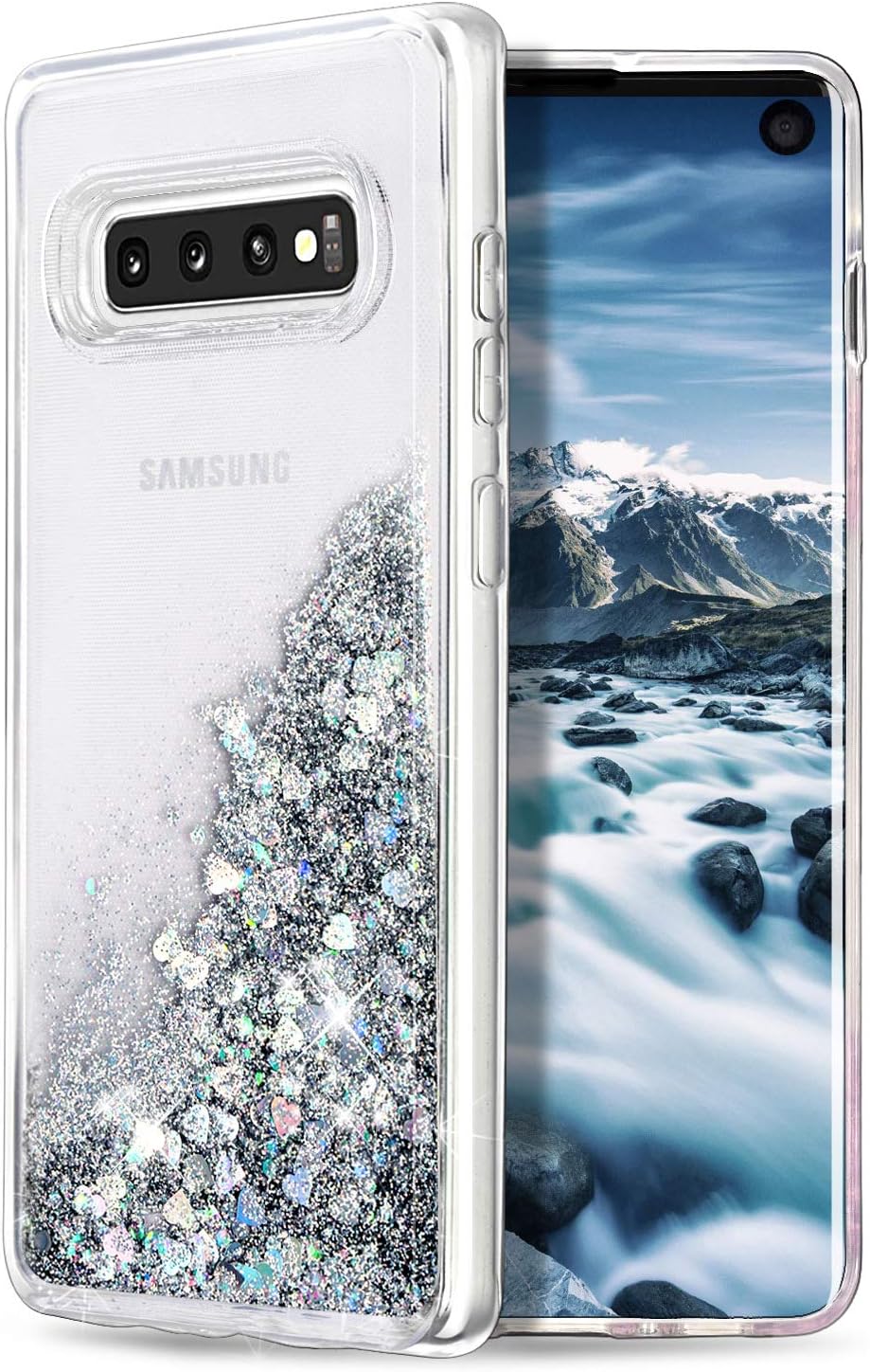 for Galaxy S10 Case,Double Layer Design Bling Flowing Liquid Floating Sparkle Colorful Glitter Waterfall TPU Protective Phone Case for Galaxy S10 [6.1 Inch 2019], Silver
