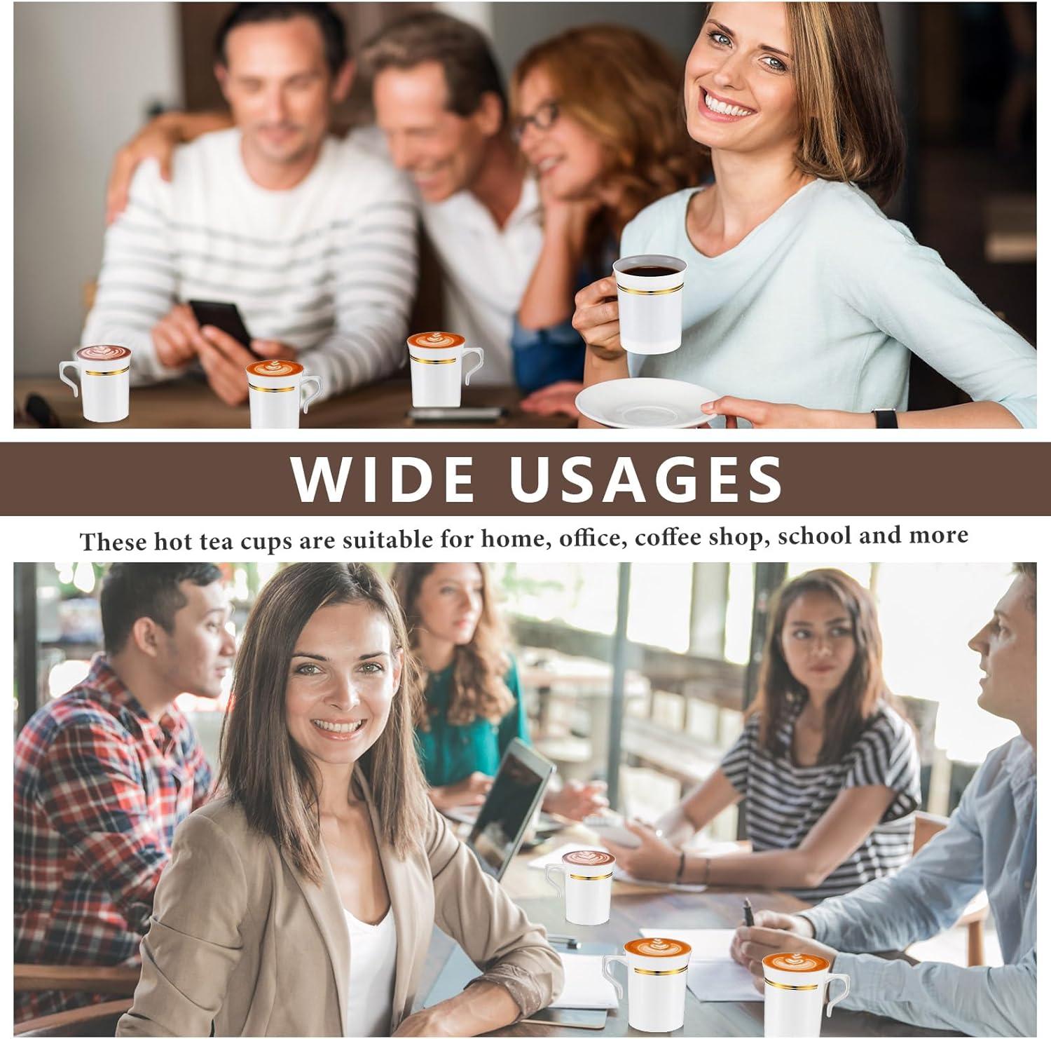 Baderke 48 Pcs Plastic Coffee Cups with Rim 8 oz Disposable Coffee Mugs with Handle Disposable Tea Cups Espresso Beverage Plastic Mugs for Wedding (White,Gold) - Image 5