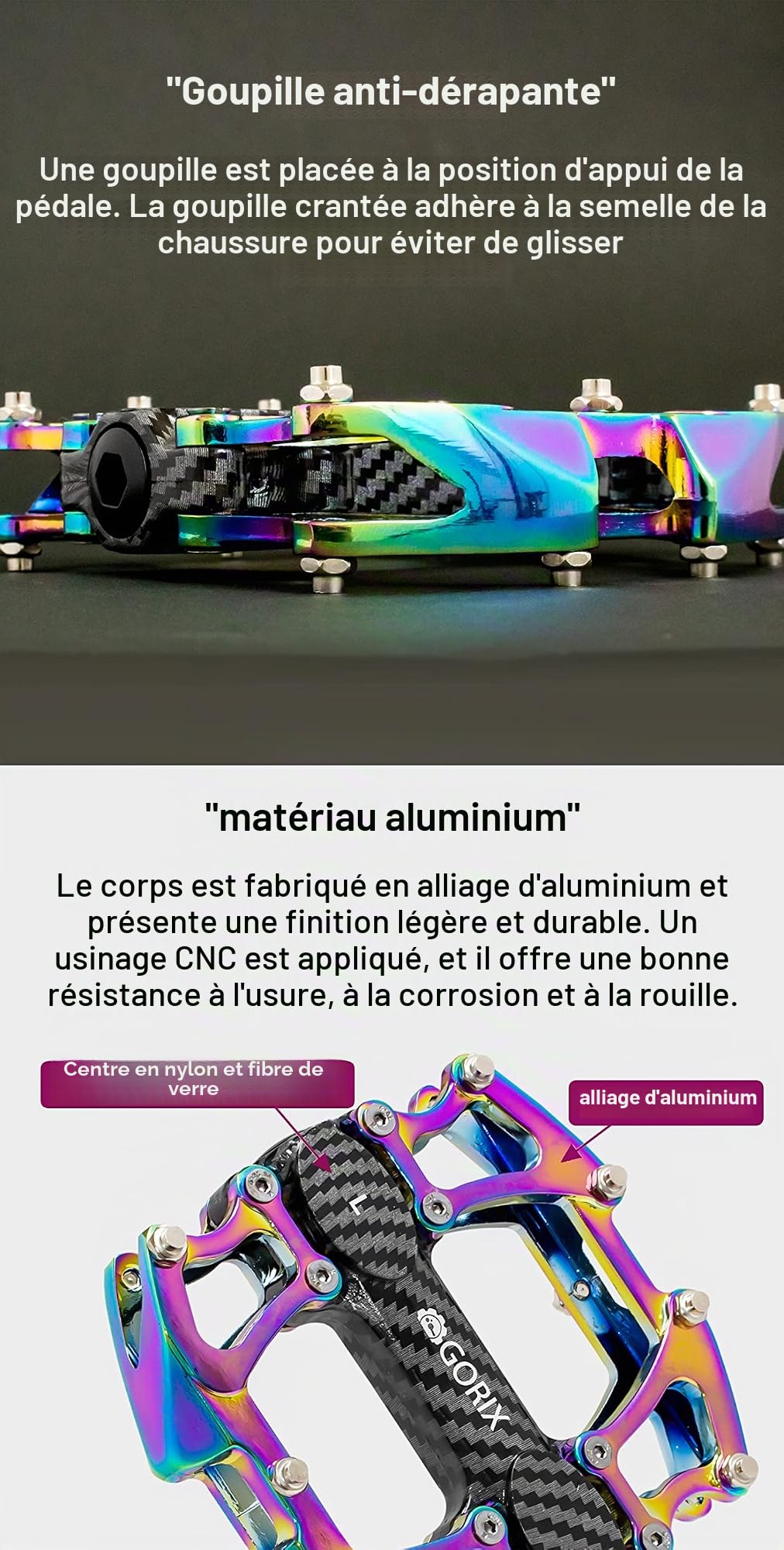 GORIX Vélo Pédales Plates Larges CNC Légères avec Broche Antidérapante Spike Huile Slick Route Montagne VTT Vélo (GX-Fi777)