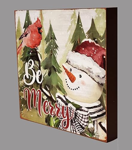 Miniatura 4 de Letreros de Navidad juego de 2 placas de madera de muñeco de nieve Joy to the World and Be Merry Decor 8 x 8 pulgadas para el hogar estante de mesa