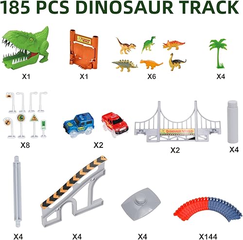 Miniatura 6 de Pista de autos de carreras de dinosaurios para niños pequeños, niñas, niños, pista flexible con 2 autos con luz LED para niños de 3, 4, 5, 6 años en