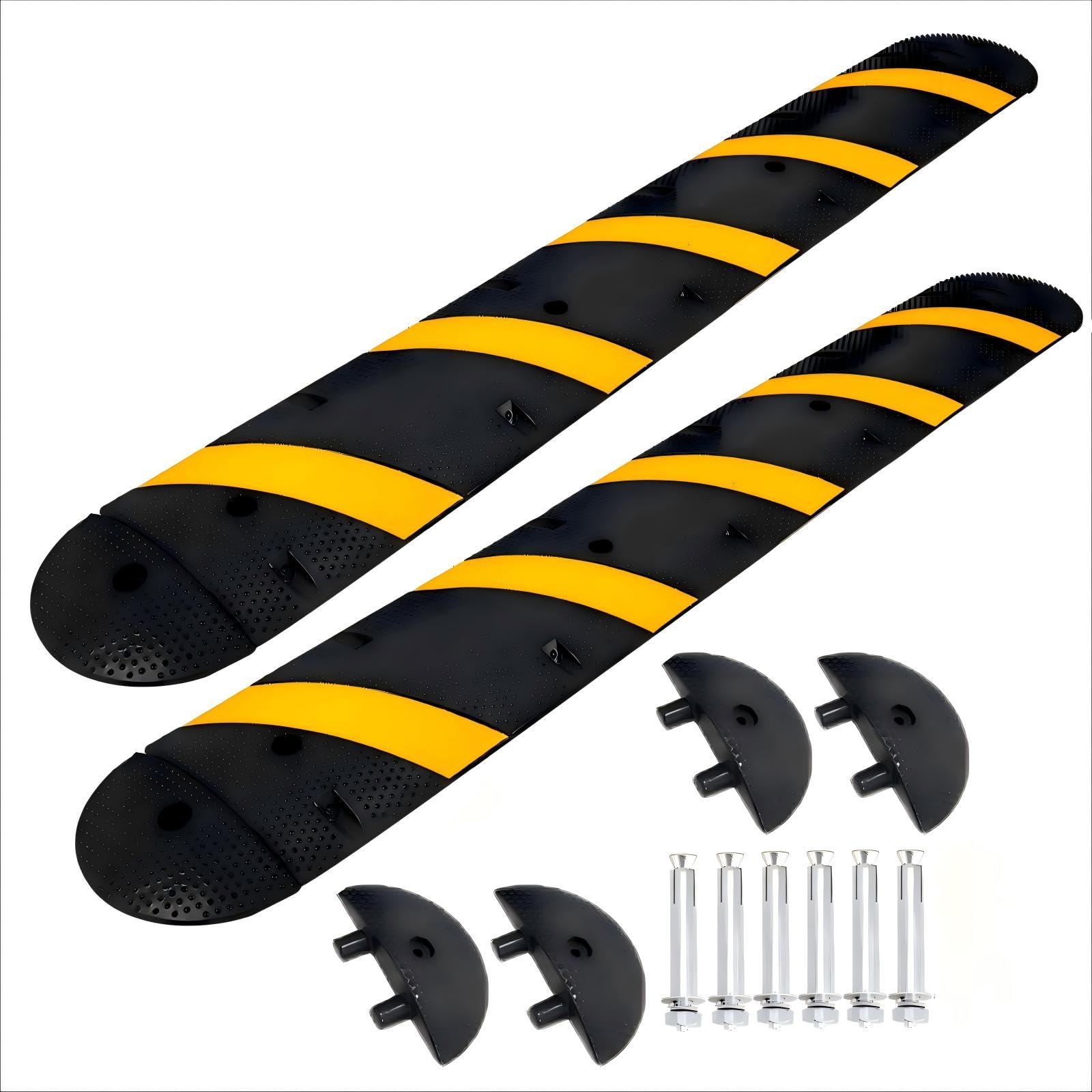 7FT Rubber Speed Bumps 2 Pack, Heavy Duty Traffic Speed Humps for Road, Driveway,Parking Lot, 66000 LBS Capacity, with 4 End Caps,8 Concrete Bolts