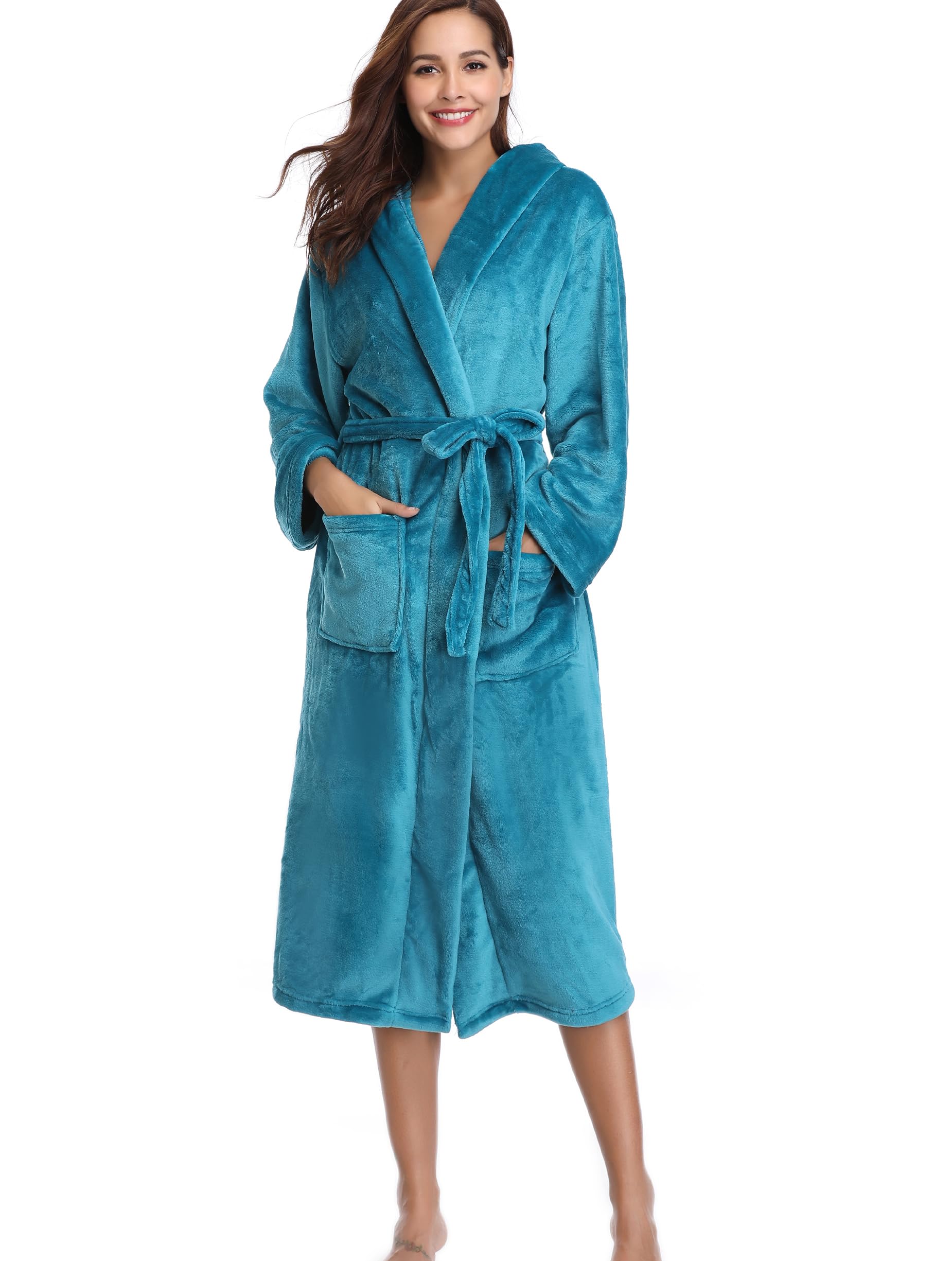 Vlazom Robe de Chambre Polaire Femme, Peignoir Polaire à Capuche Femmes Chaude et Doux Flanelle Pour Hiver Cadeau de Noël