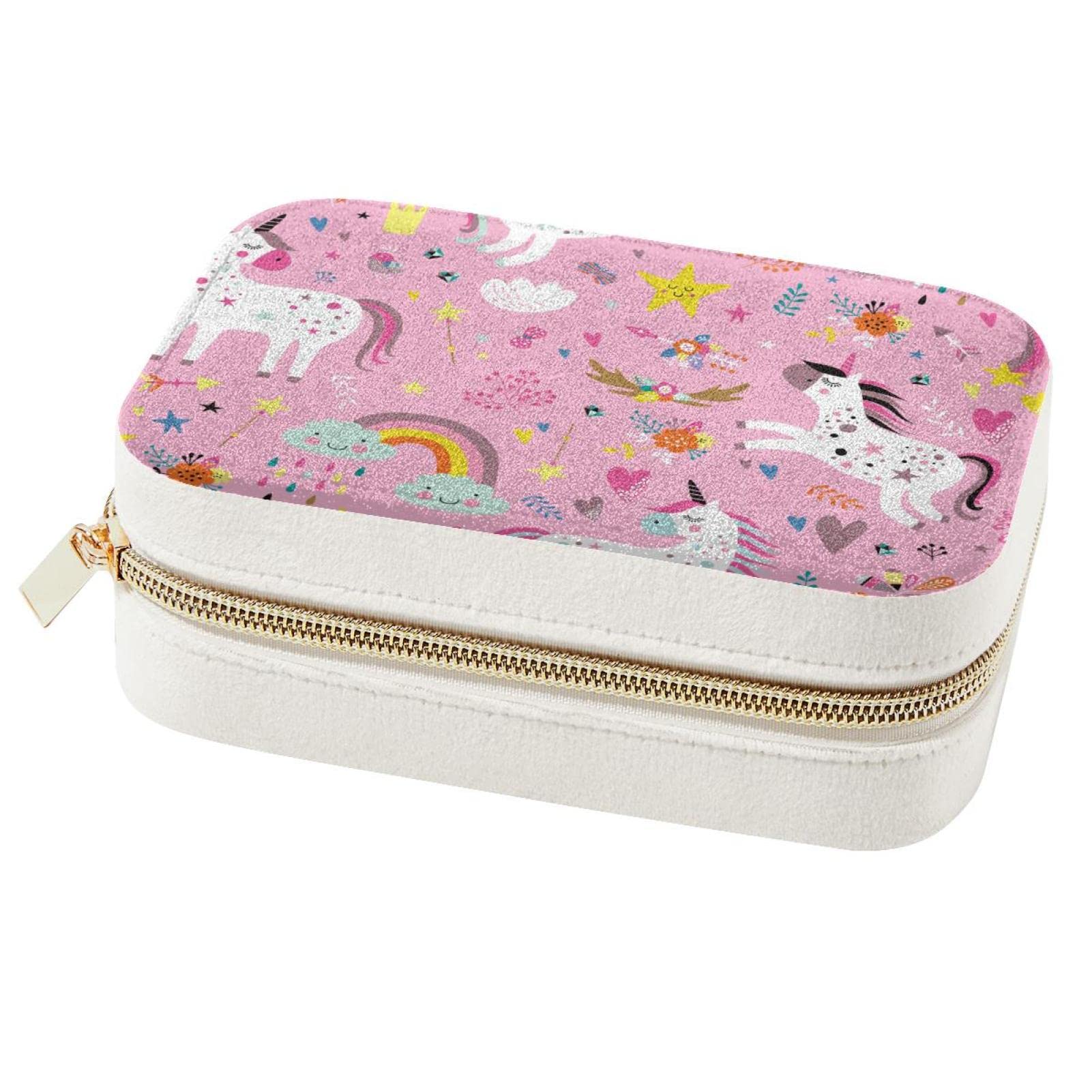 Boîte à bijoux de voyage licorne et arc-en-ciel compacte pour ranger les bagues des filles