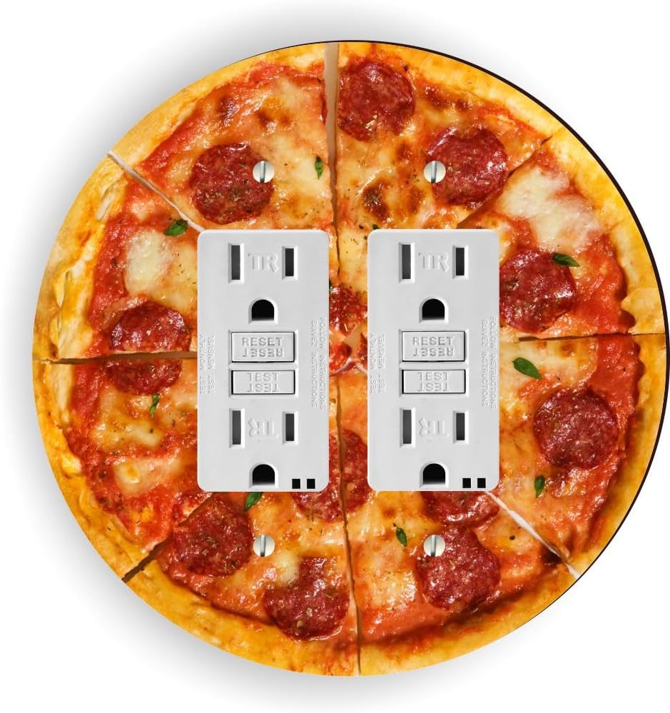 Island Gifting - Classic Pepperoni Pizza Design - Round Duplex Outlet Cover Plate, Decorative Wall Plate, Modern Electrical Outlet Cover for Home