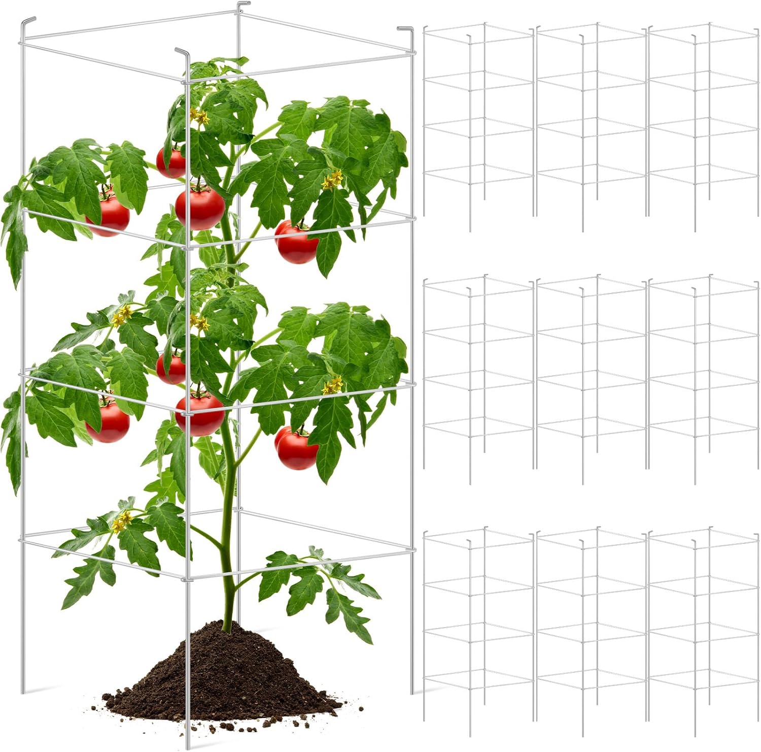Tanlade Metal Square Tomato Cages for Garden 46 x 18 Inches Heavy Duty Tomato Support Stakes Silver Cage Garden Trellis Plant Cages for Outdoor Plants Vegetables Flowers Fruits(10 Pack)