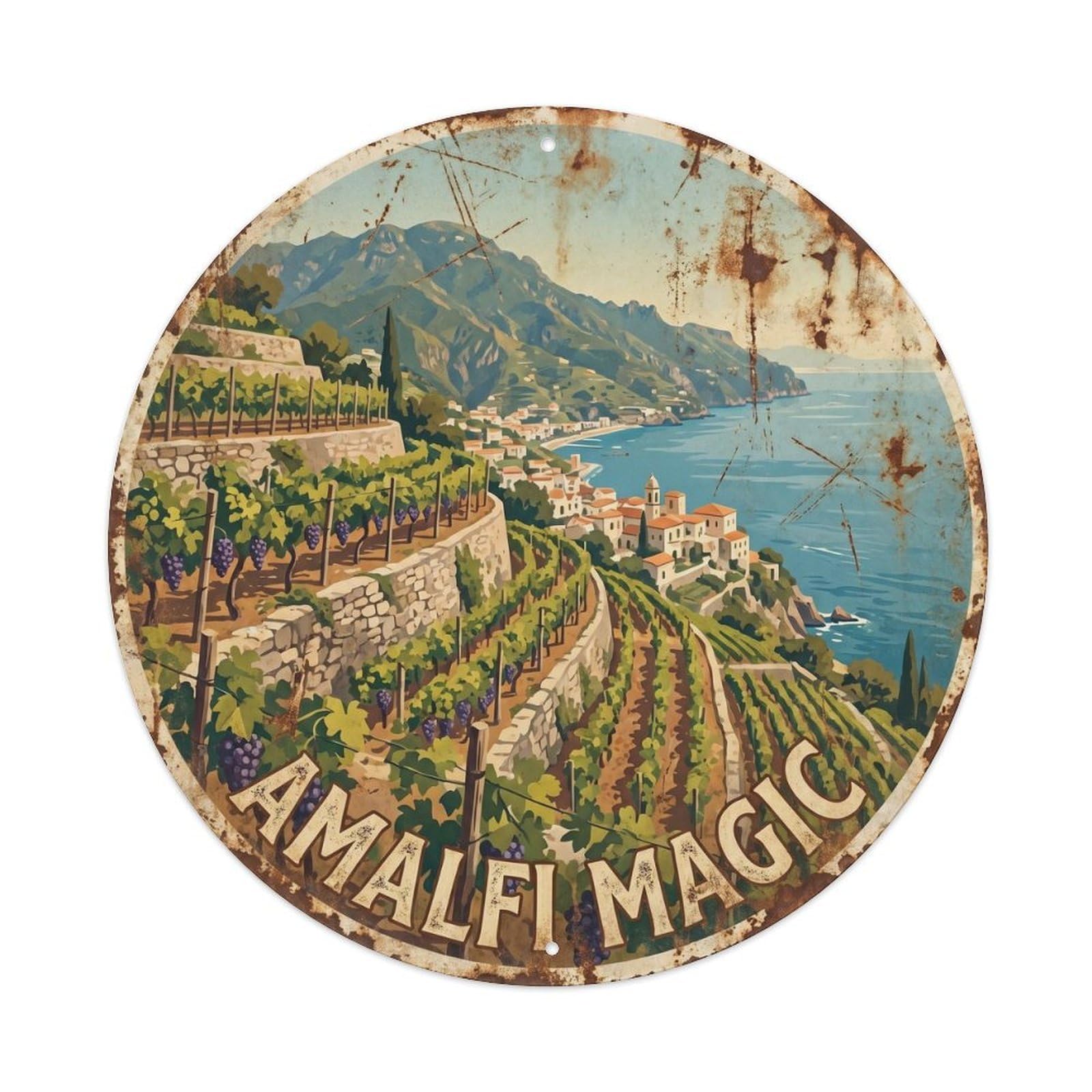Vintage Travel Amalfi Coastal Vineyard Terraces Metal Tin Sign Plaque Wall Decor for Cafe, Club, Garden Round Metal Poster 8x8Inch