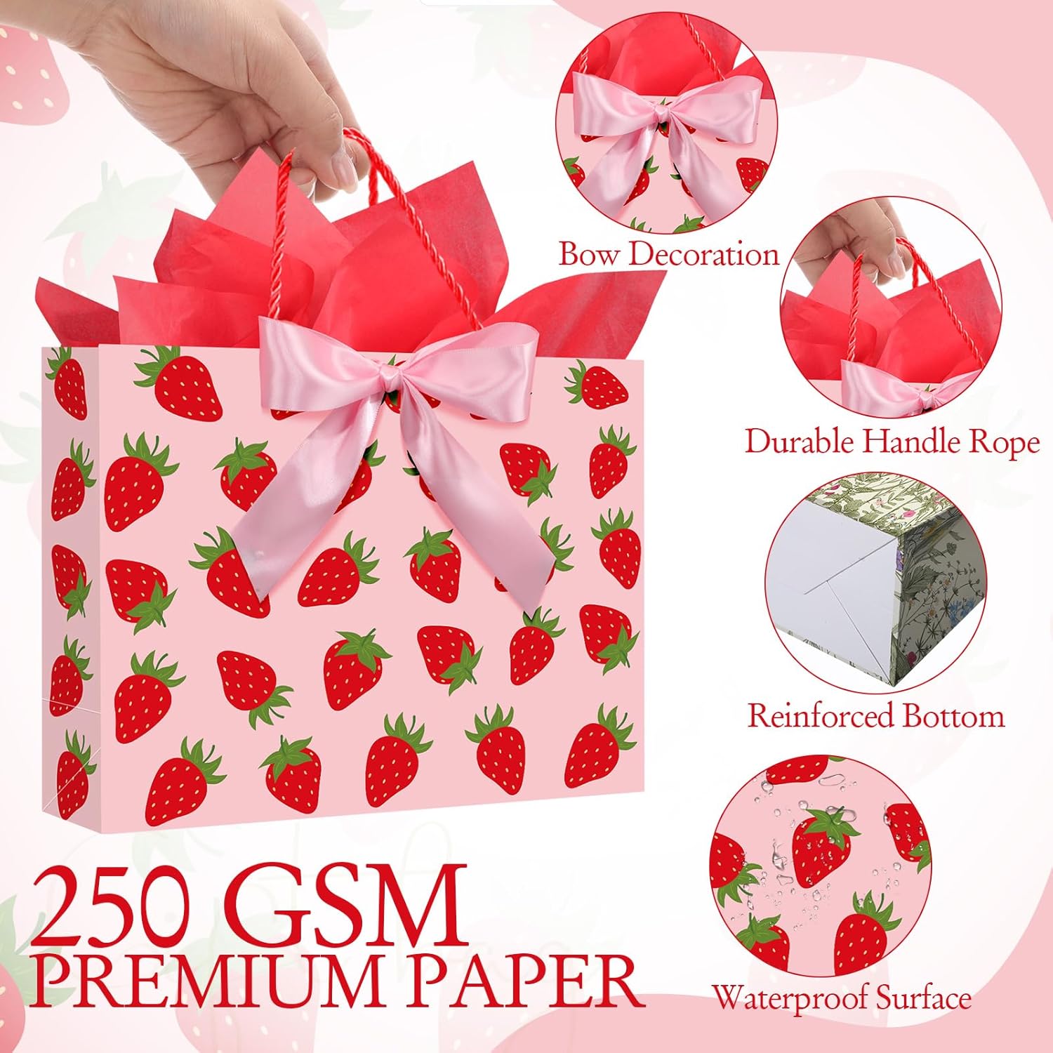 Maitys 12 Pack 13" Large Strawberry Gift Bag with Handle, Tissue Papers, Ribbons and Greeting Card Pink Strawberry Paper Bags Bulk for Berry Sweet Baby Shower Birthday Party Decorations Supplies