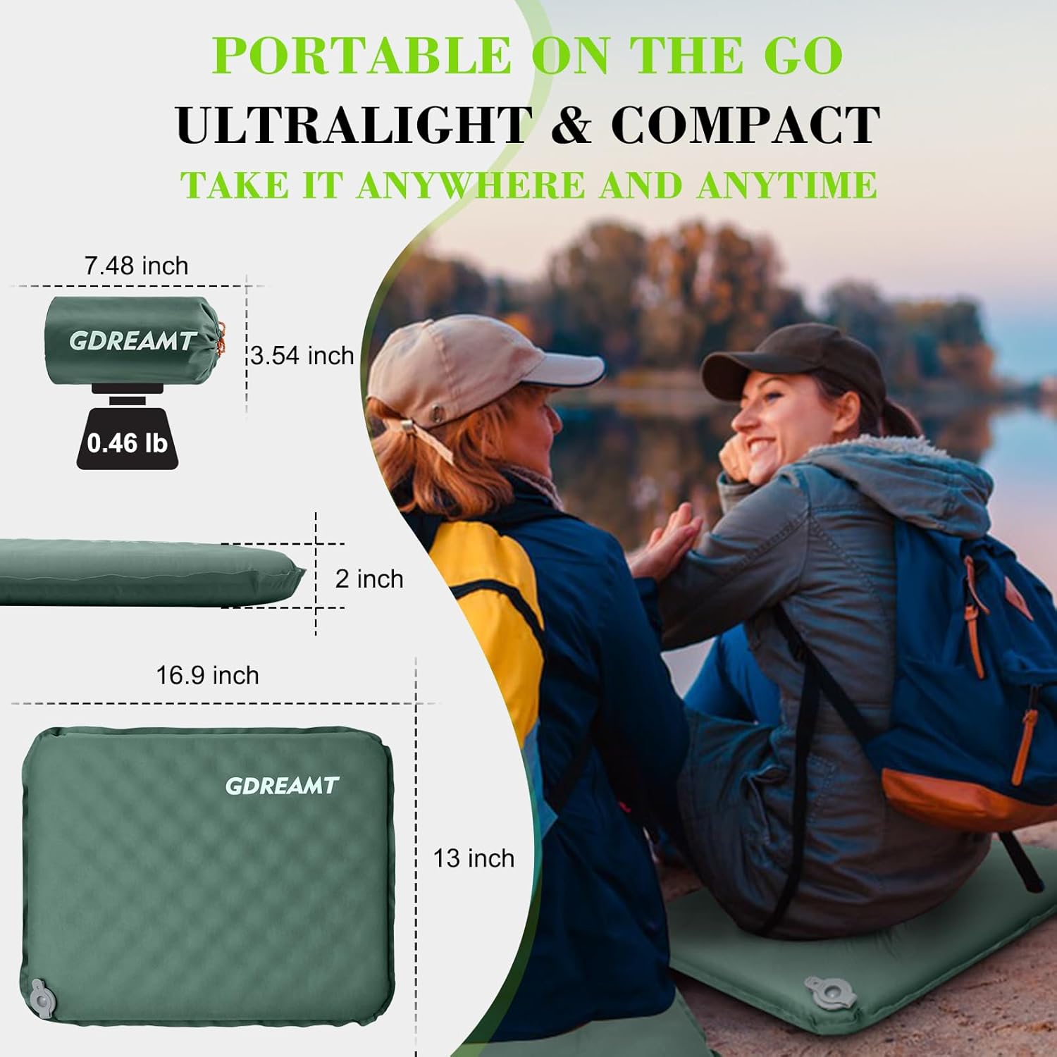 Inflatable Seat Cushion, Self-Inflating Memory Foam Stadium Seats Cushion Portable Camping Air-Foam Sitting Pad for Travel Airplane Car Bleachers Backpacking Office, Lightweight & Compact