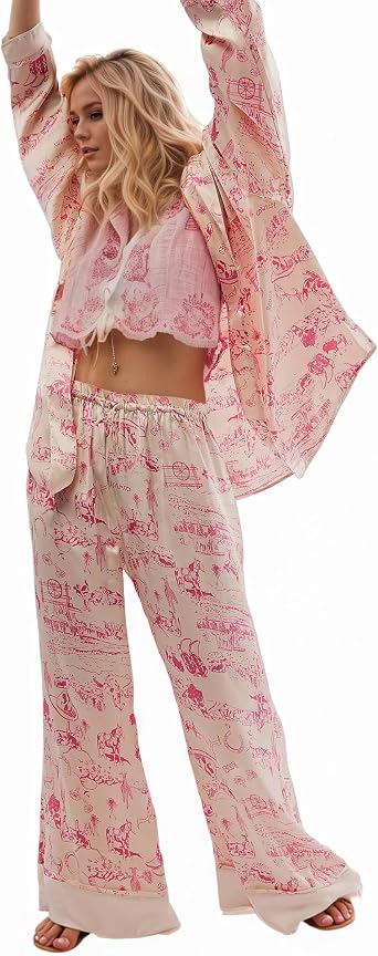 Womens 2-Piece Satin Pajama Set Floral Silk Sleepwear Set Soft Printed Oversized Pajama Lightweight Breathable Pjs