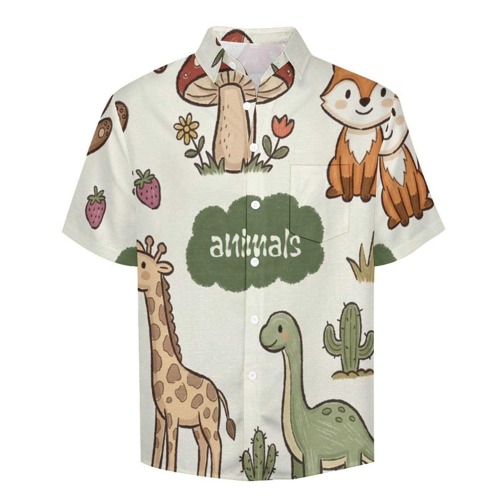 Camicia da Uomo a Maniche Corte con Bottoni, Stile Cartoni Animati Carini con Stampa Animali della Foresta, vestibilità Regolare, Camicie da Spiaggia Estiva Hawaiano, Aloha