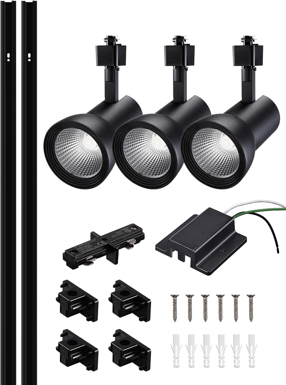 LEONLITE 18W Complete LED Track Lighting Kit, (3) H Type Spotlight & 8FT Track Rail & (1) Floating Canopy Connector & (1) I Connectors, CRI90+, 4000K Cool White, Black