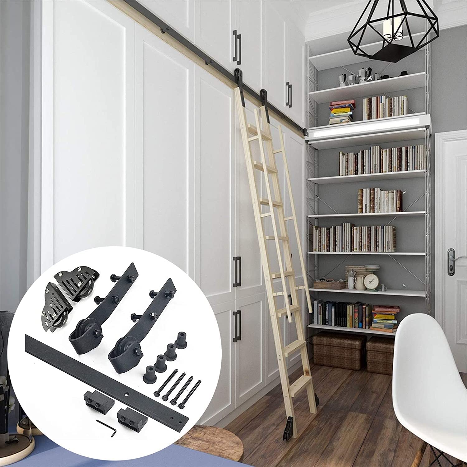 Kit rail d'échelle mobile noir pour atteindre facilement les étagères hautes