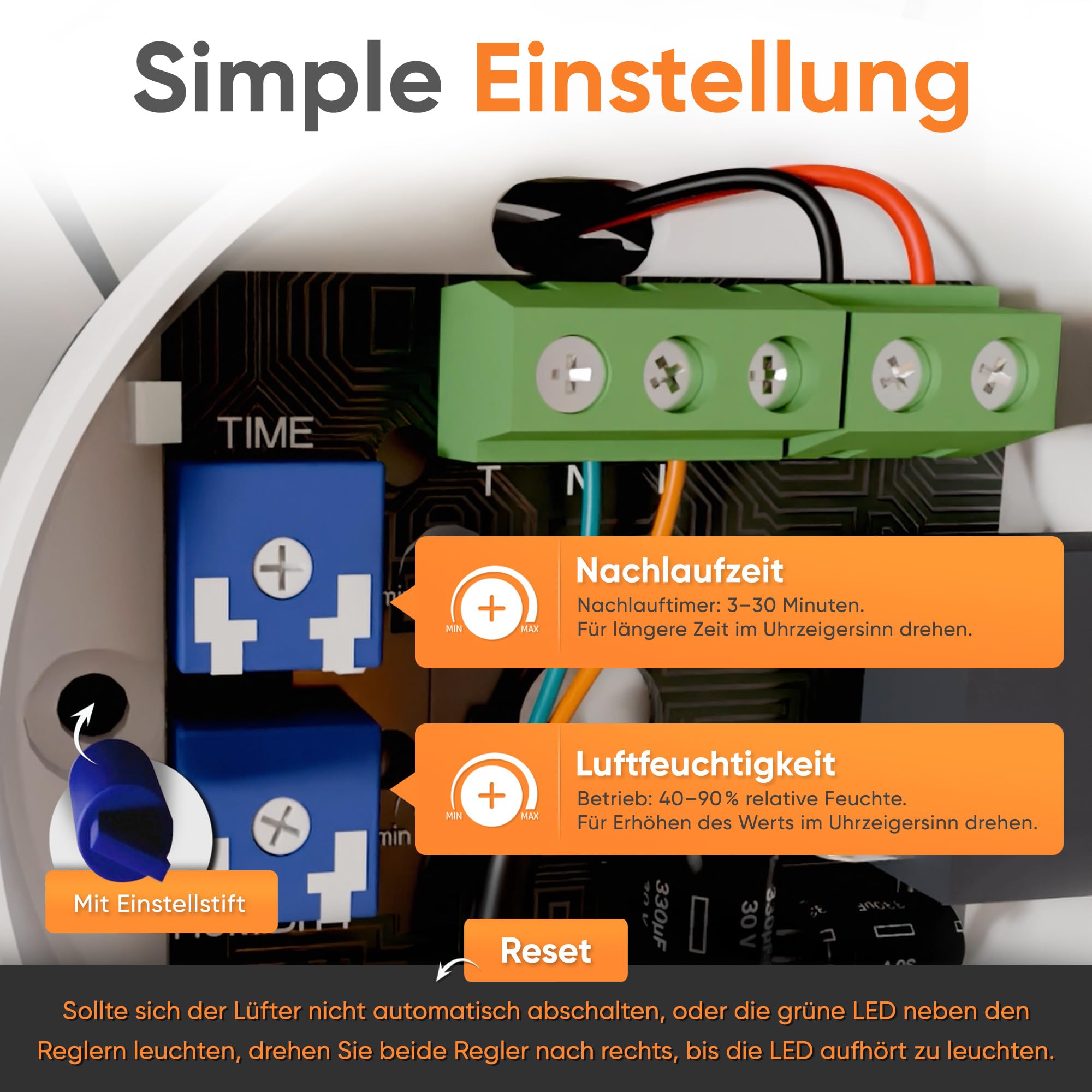 MEISTERBAU - Badlüfter mit Feuchtigkeitssensor & Nachlauf [Made in Europe] - Leiser Lüfter 100mm Durchmesser - mit Nachlauf - Effizienter Abluftventilator - Bad & Dusche