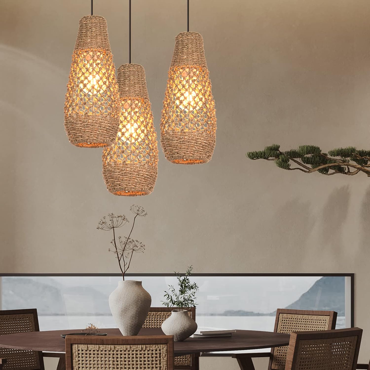 Arturesthome 1 Light Boho Rattan Pendant Light Fixtures, Mini Farmhouse Natural Chandelier Pendant Light, Retro Wicker Hanging Lamp for Kitchen Island