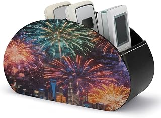 Personalized PU Leather Remote Control Holder with 5 Compartments | Colored Fireworks TV Remote Caddy Storage Box, Desktop Organizer for Media Player Glasses Pen Office Supplies