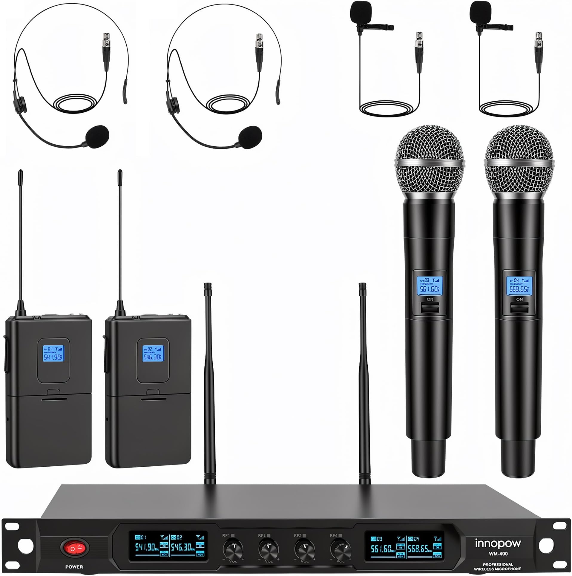 4-Channel Wireless Microphone System, Quad UHF Metal Cordless Mic, 2 Handheld Mics, 2 Bodypack Mics, Long Distance150-200Ft, Fixed Frequency, 16 Hours Use for Karaoke Singing, Church