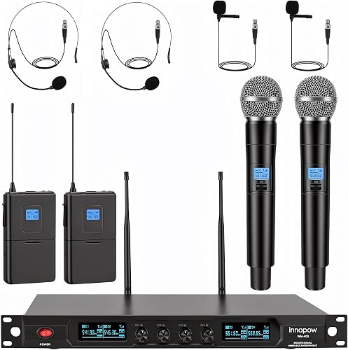 innopow 4-Channel Wireless Microphone System, Quad UHF Metal Cordless Mic, 2 Handheld Mics, 2 Bodypack Mics, Long Distance150-200Ft, Fixed Frequency, 16 Hours Use for Karaoke Singing, Church