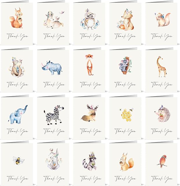 20 Watercolour Thank You Cards (Animals)