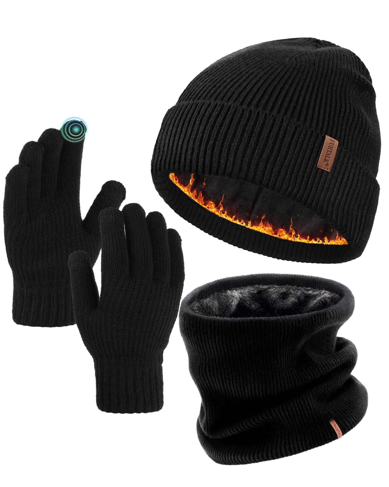 FURTALK Winter Knit Beanie Hat Sacrf Touch Screen Gloves Set Soft Fleece Lining Warm Beanie Unisex Winter Set