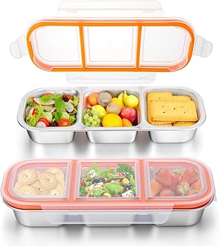 3Pack Stainless Steel 304 Snack Containers with Lids, 3 Compartment Reusable Snackle Box Container, Metal Food Storage Containers for School, Home, Travel