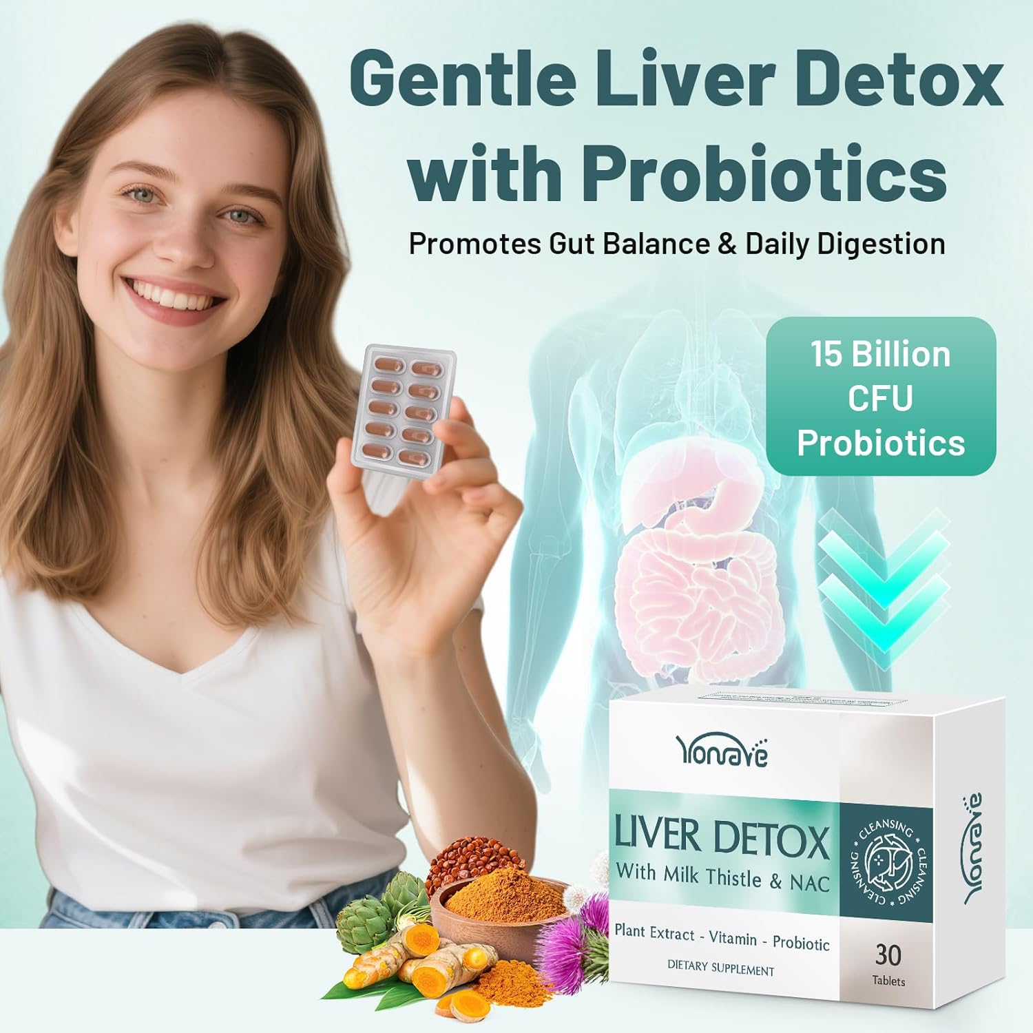 Liver Detox Cleanse & Repair, Liver Support Supplement with Milk Thistle, 15B CFU Probiotics, Dandelion Root, Turmeric, Vitamins for Gut & Liver Health | Blister-Sealed Tablets, 60-Day Supply
