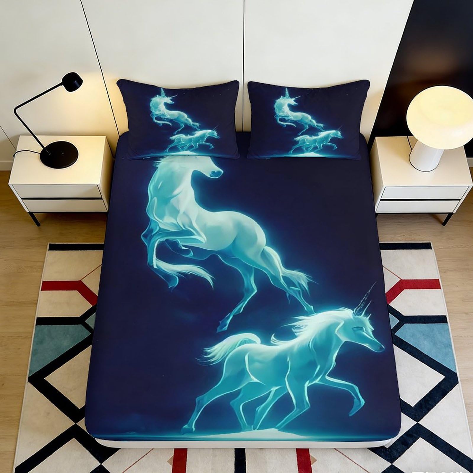 Uynsixtme Style-5 3D Printed Fantasy Unicorn Fitted Sheet Microfiber Deep Pocket Non-Slip Bedroom Bedding Unicorn Mattress Fitted Cover Washable For All Ages 90X200x25cm
