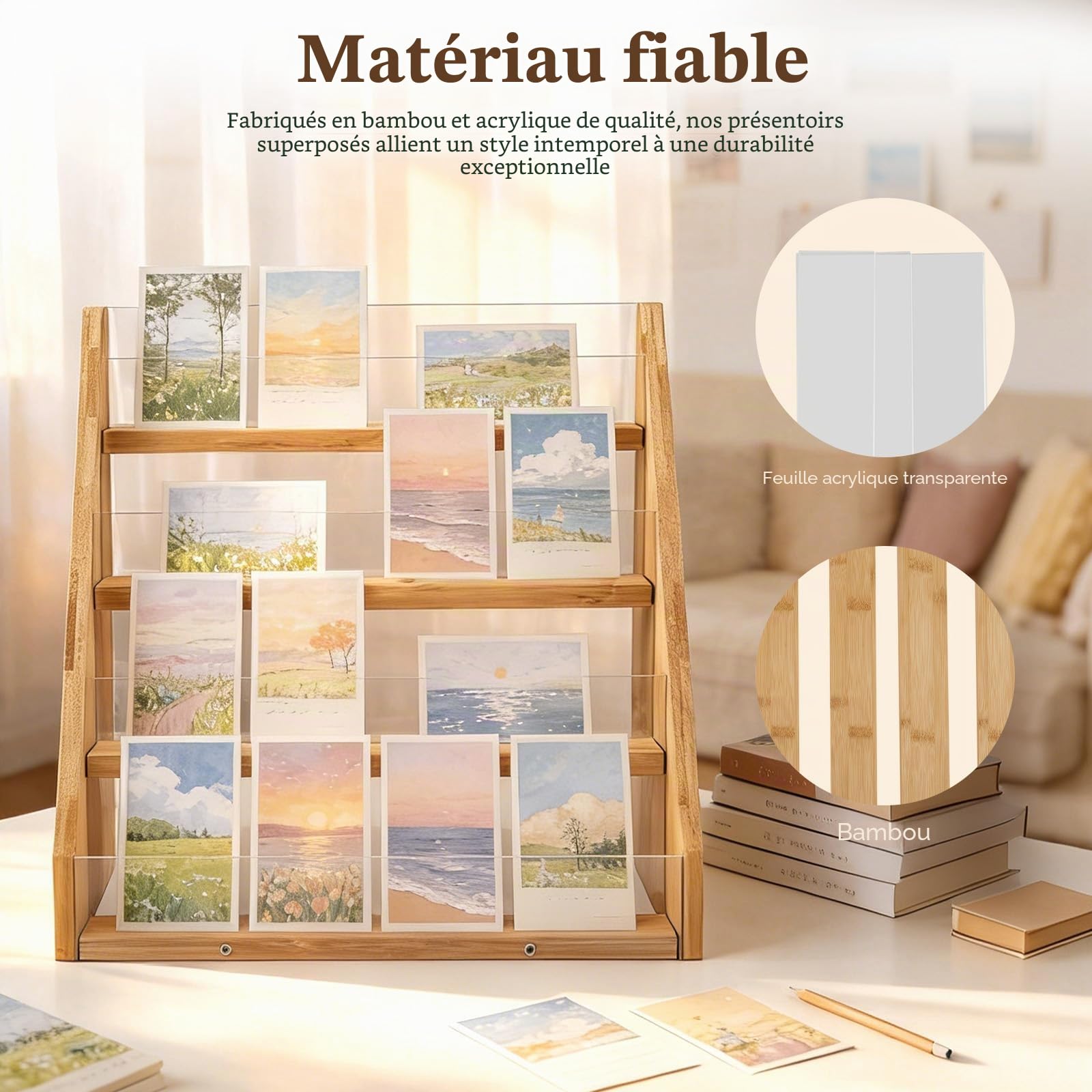 Présentoir à 4 Niveaux pour Cartes en Bambou et Acrylique, Support d'Exposition Portable avec Vitrine, Pour Étiquettes, Comptoir, Commerce de Détail, Bureau et Événements