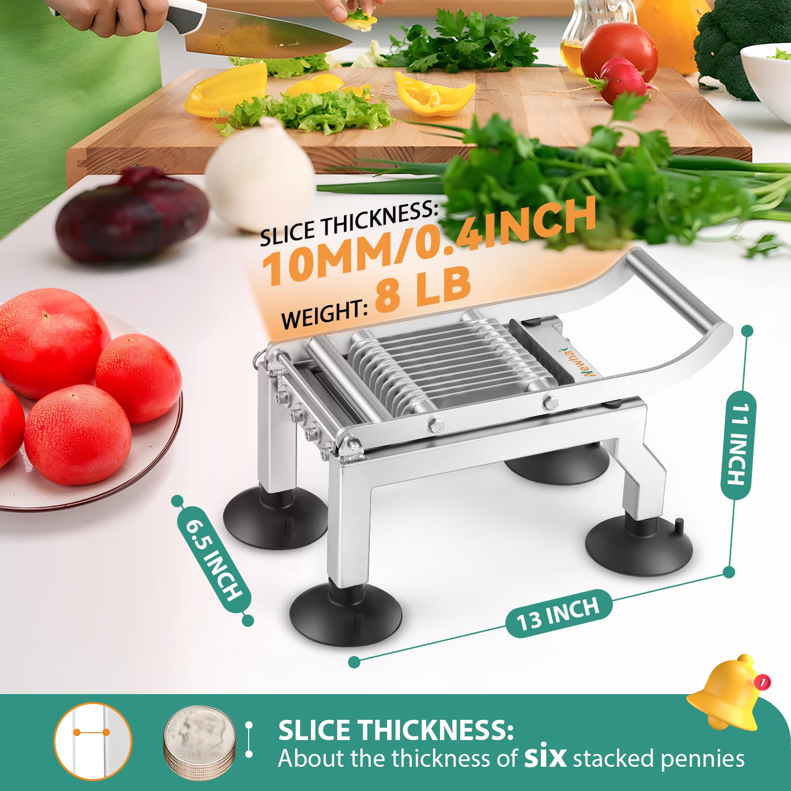 Newhai Kommerzieller Tomatenschneider, 10 mm dick, manueller Tomaten-, Gurken-, Zwiebel-, Schinken-, Eierschneider, robuster Edelstahl, Hobel mit 4 Saugnäpfen für Restaurant, Zuhause