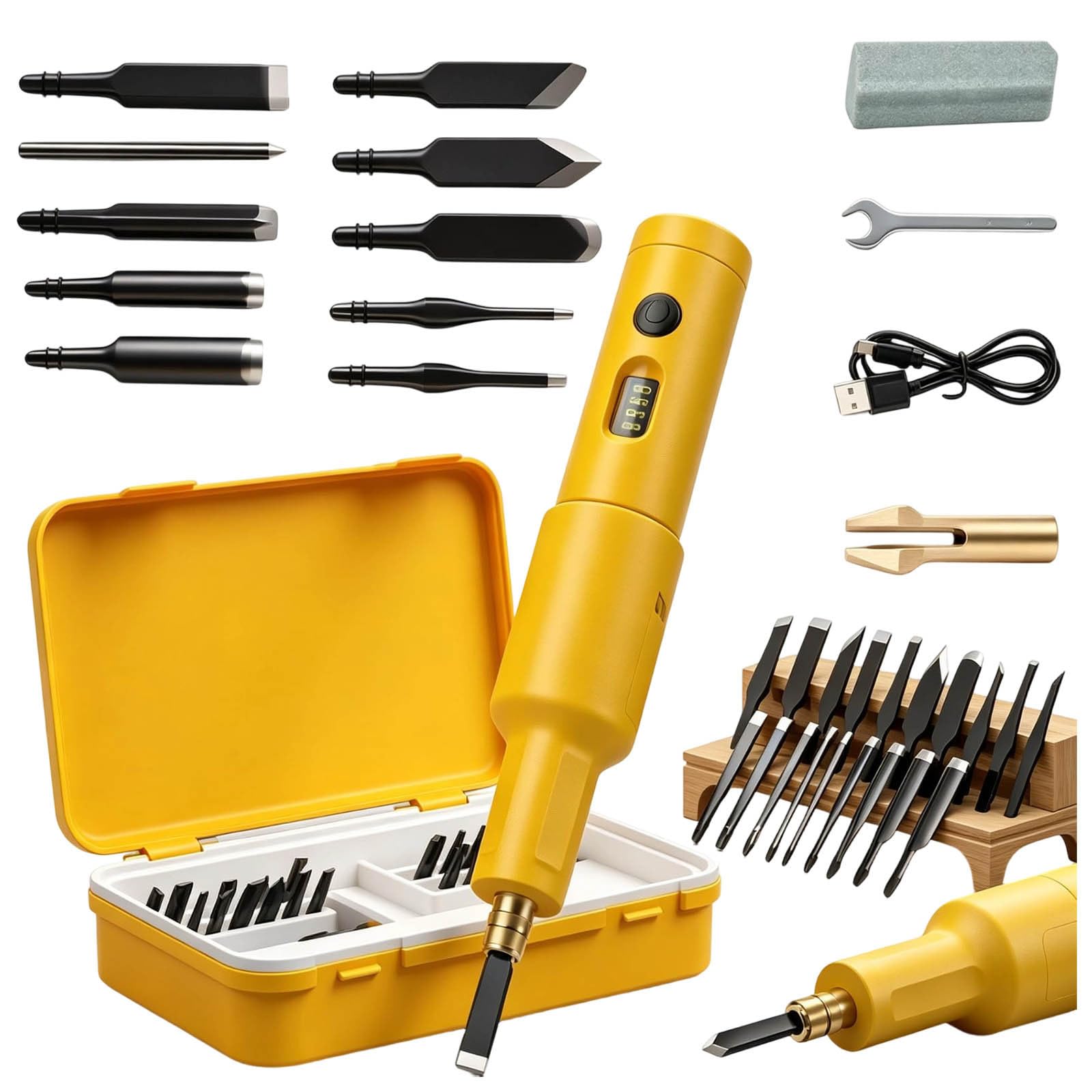 Electric Carving Tool Set, 40W Cordless Wood Carving Kit with 20 Interchangeable Chisel Blades, USB C Rechargeable Electric Chisel for Woodworking Root Carving DIY, 10 Blades