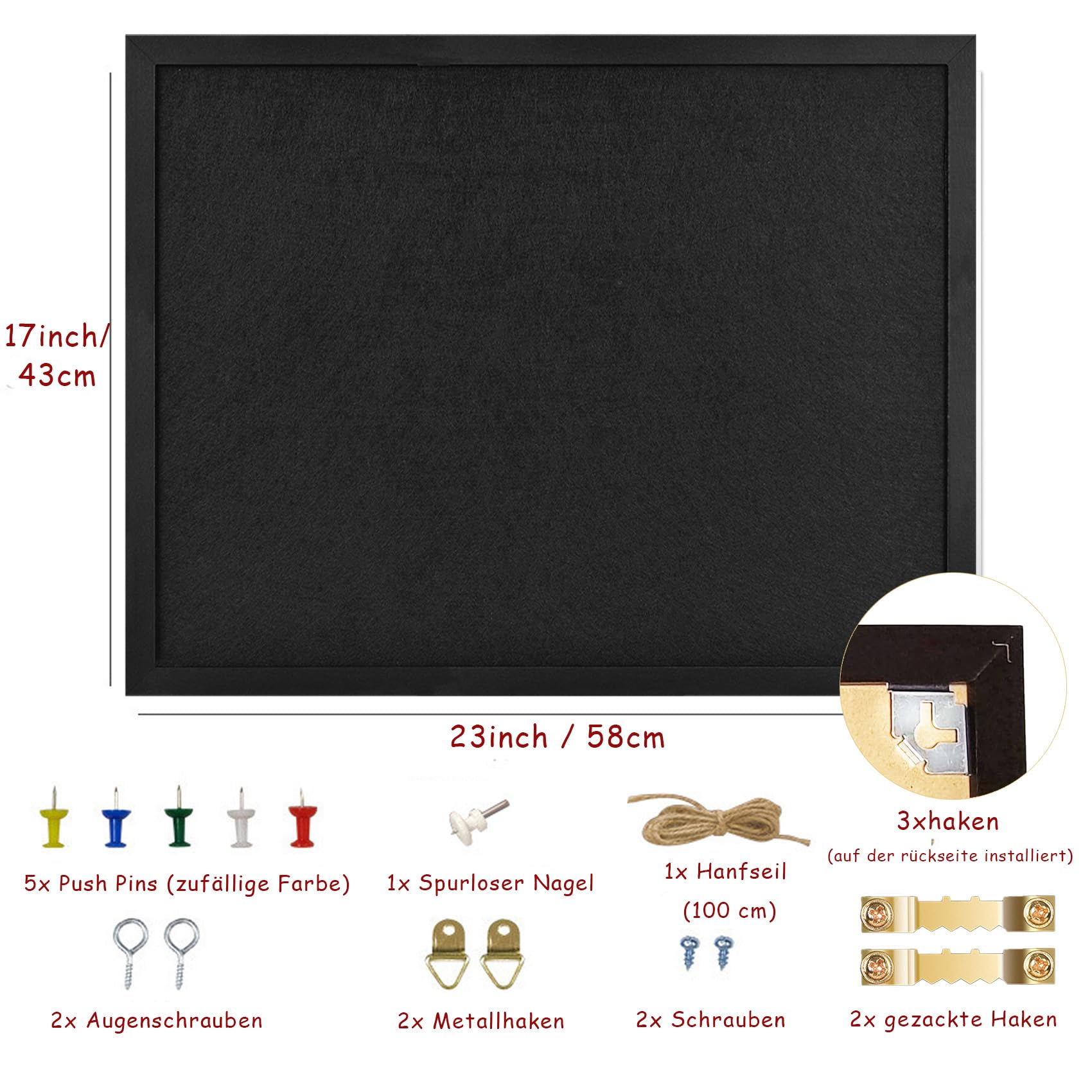 Tablón de anuncios de corcho negro con fieltro, 58 x 43 cm, pequeño marcador, para paredes, joyas, notas, colecciones, fotos, oficina, marco de madera (negro) y fieltro (negro), 1 unidad