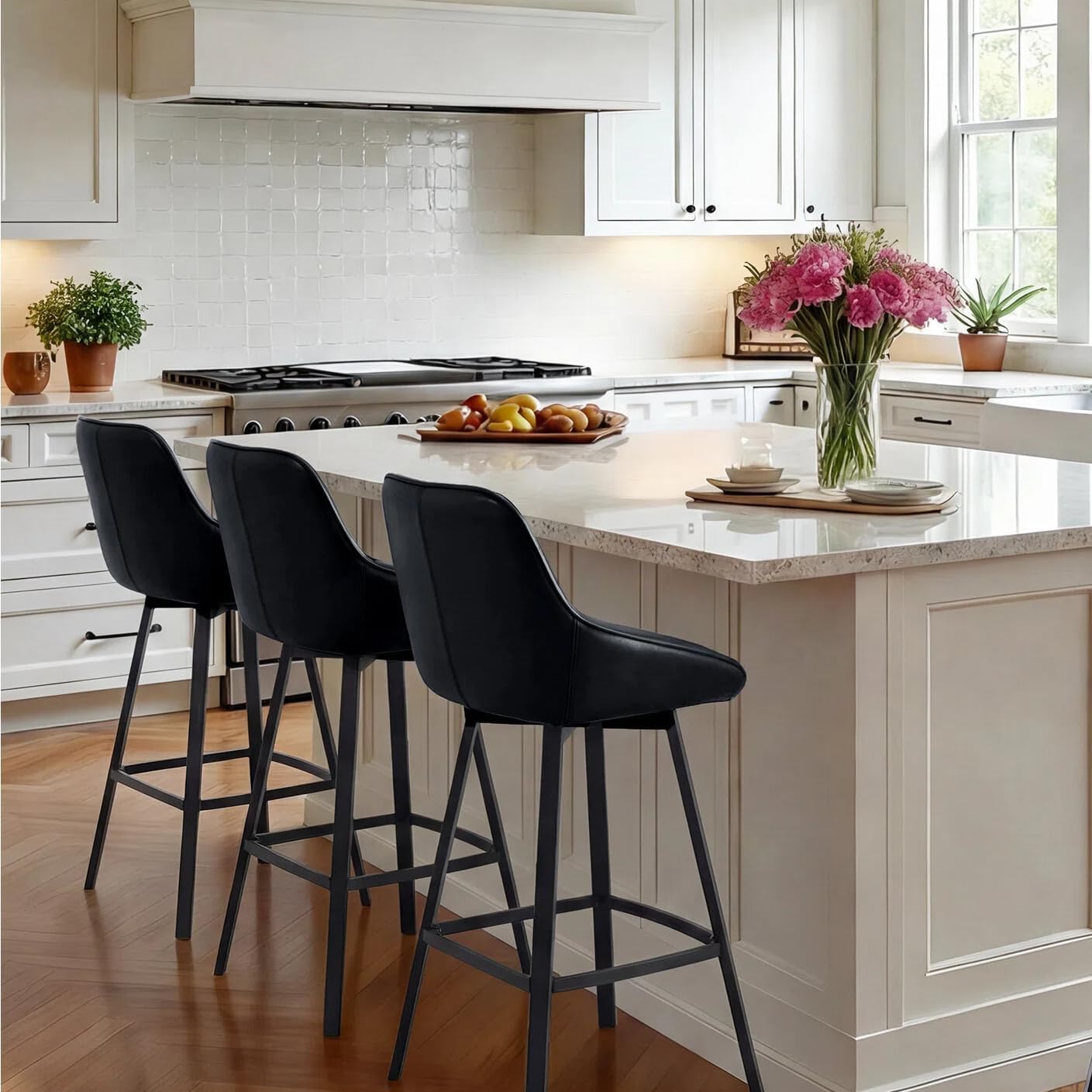 Zesthouse Swivel Counter Height Stools Set of 3, Modern Upholstered Barstools with Backs, 26'' Faux Leather High Chairs for Island Kitchen, Counter Height Chairs with Metal Legs, Black