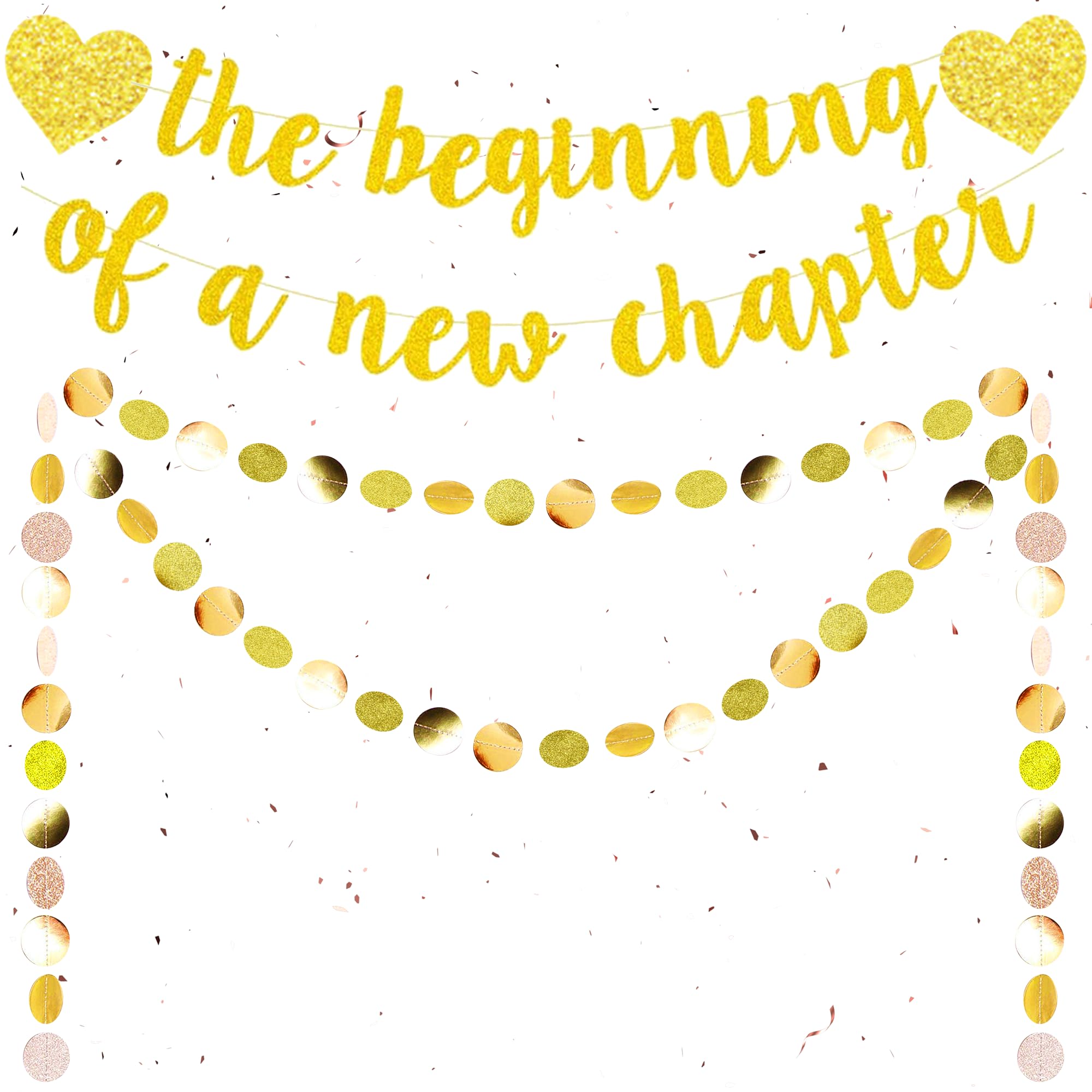 The Beginning of a New Chapter Banner - Gold Party Decoration Set Includes Banner and Garlands Suitable for Graduation Engagement Retirement Divorce Resignation Party Decorations