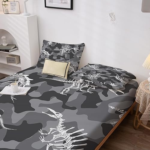 Miniatura 4 de GEDAEUBA Sábanas de camuflaje tamaño California King  Sábanas de cama de dinosaurio con fósiles de dinosaurios para niños y niñas, juego de sábanas