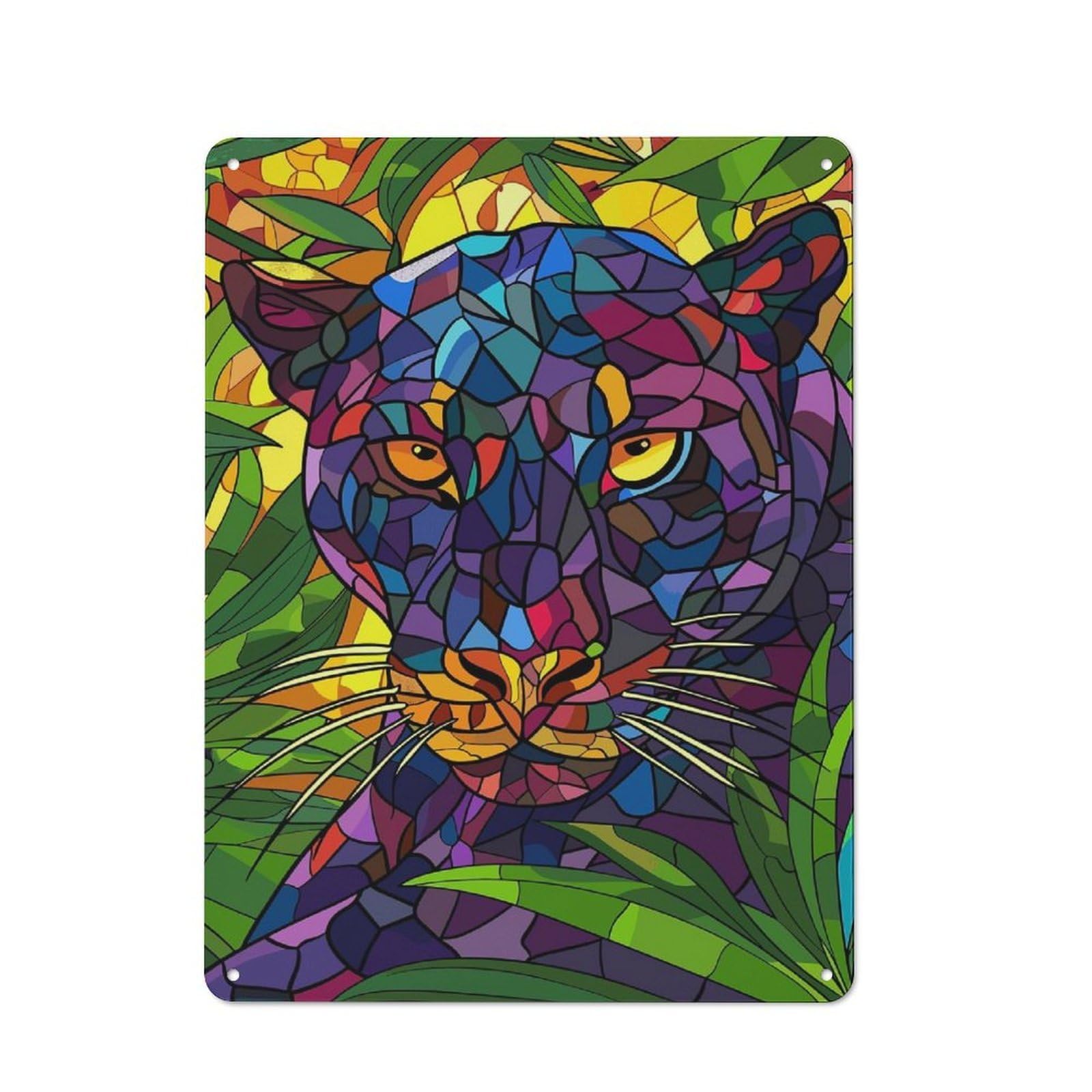 Junmoney Style-20 Retro Metal Plaque 40X30cm Featuring Stained Glass Black Panther In Jungle For Workshop Wall, For Metal Sign Collectors, For Garage And Workshop Walls