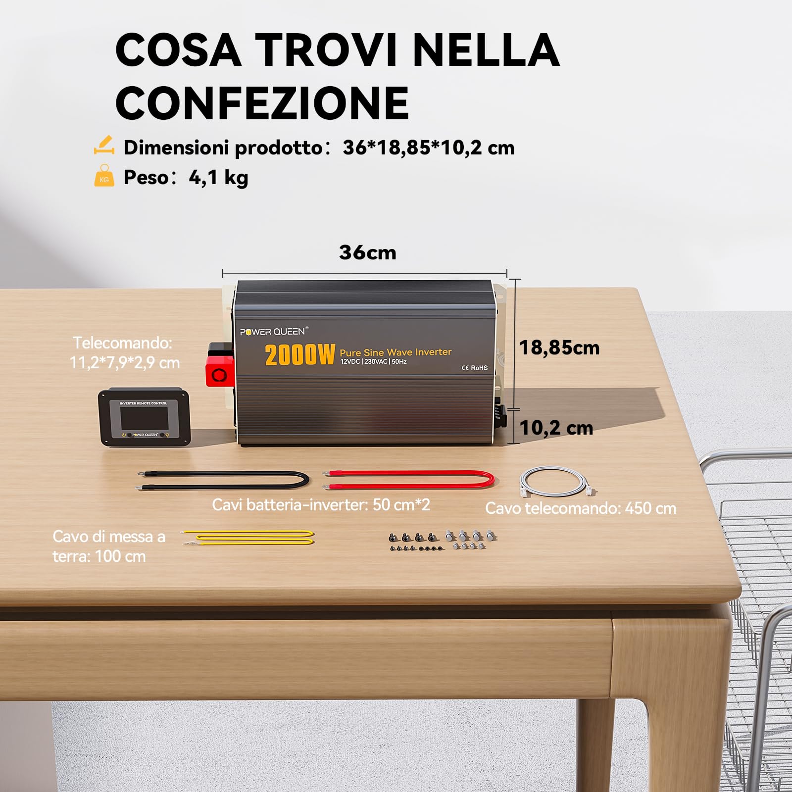 Power Queen Inverter da 2000 W, sinusoidale puro da 12 V su 230 V, con display LCD + telecomando, 2 prese AC, connettore USB + Tycp-C, inverter di potenza solare per camper, campeggio, barca