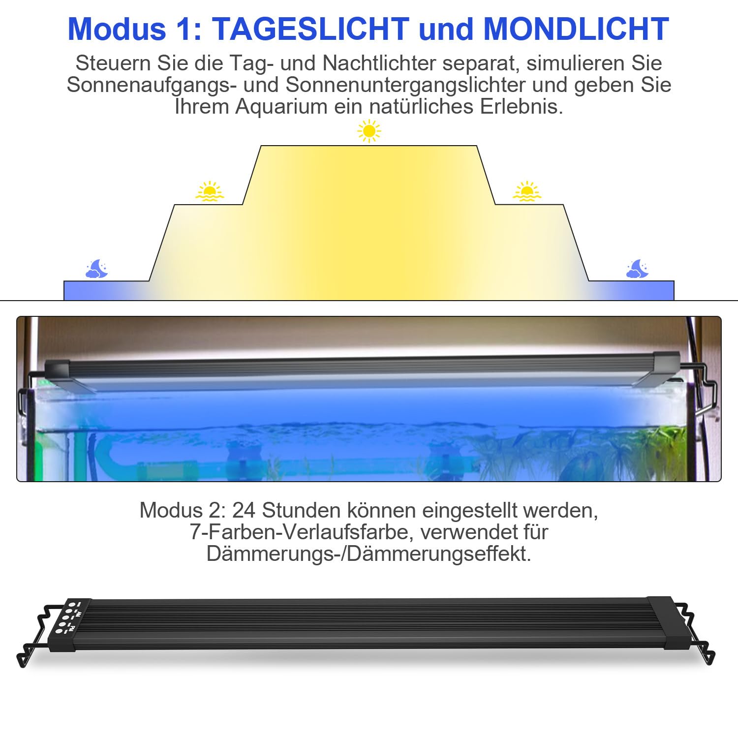 Illuminazione a LED per acquario, 10 livelli di luminosità, 18 W, 24/7, modalità di illuminazione per acquario, con timer regolabile, adatta per acquari d'acqua dolce di 55-80 cm