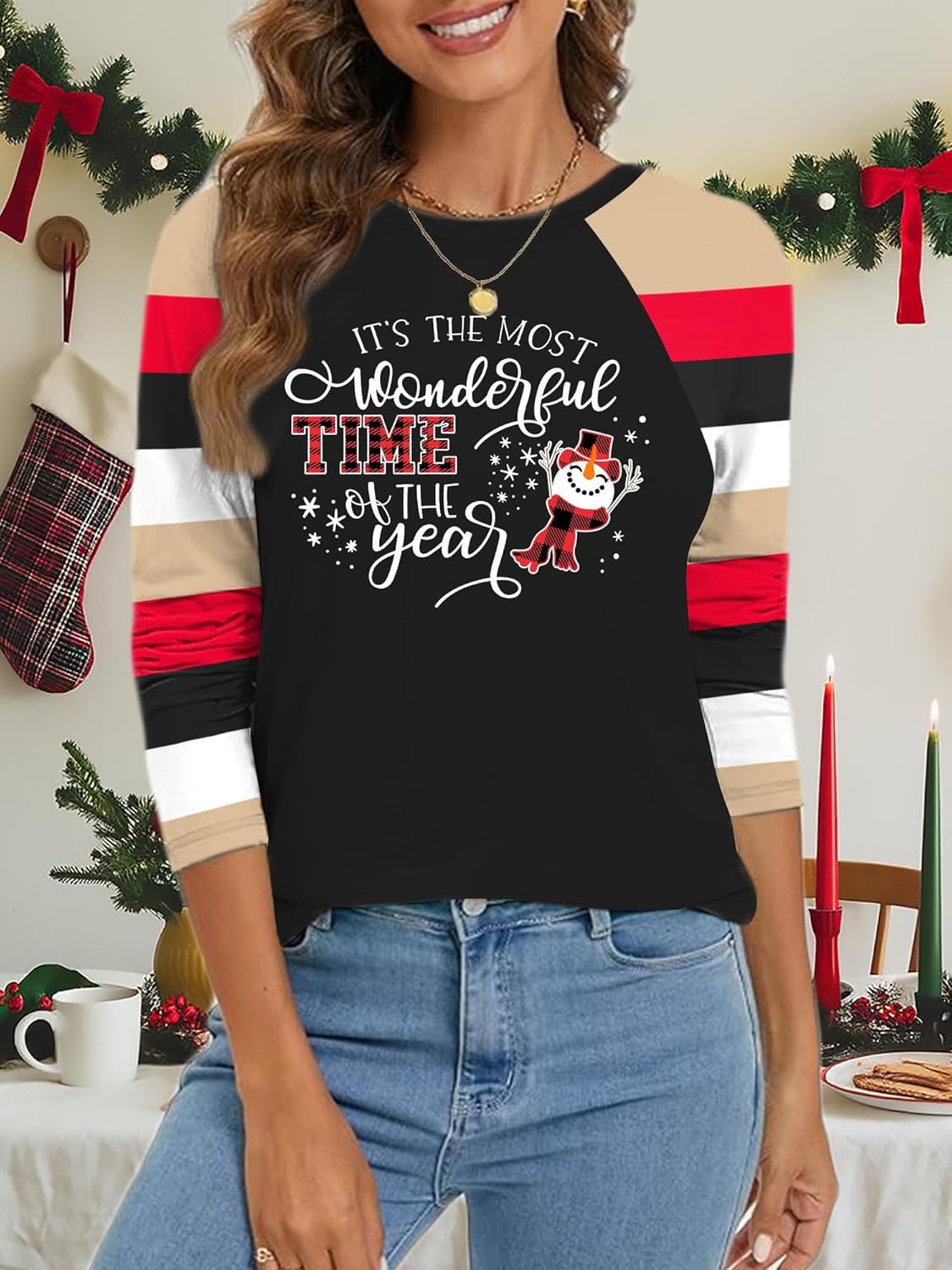 Merry Christmas Shirts for Women Christmas Tree T-Shirt Xmas Light Tee Shirt Buffalo Plaid Long Sleeve Tops - Image 3