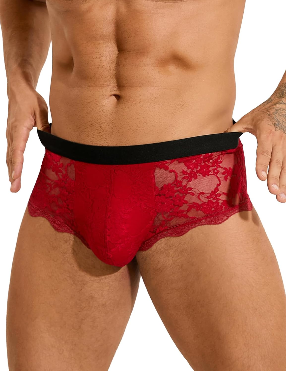 ohyeah Mens Sexy Lace Underwear Low Waist Boxer Briefs with Pouch Breathable Briefs Mesh Trunks Lingerie Underpants Fit S-XXL