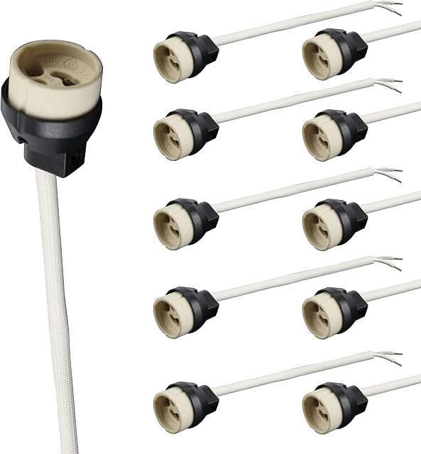 Yukojur 10 Pack GU10 Lamp Holder Ceramic Lamp Bases Connector with Cable and Insulation Sleeve for GU10 LED Bulbs Halogen Bulbs Downlights Main Bulb Socket Connector Lighting Fitting