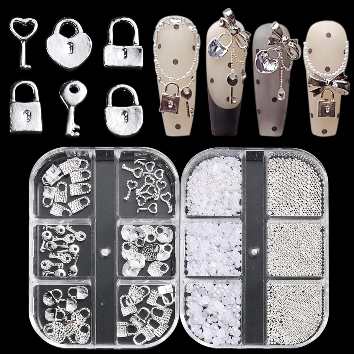 Fcozpjk Love Lock and Key Nail Charms Valentines Day Nail Art Y2K Nail Design Silver Metal Heart Nail Charms Flatback Half Round Pearls for Nails Caviar Nail Beads Nail Art Rhinestones Kit